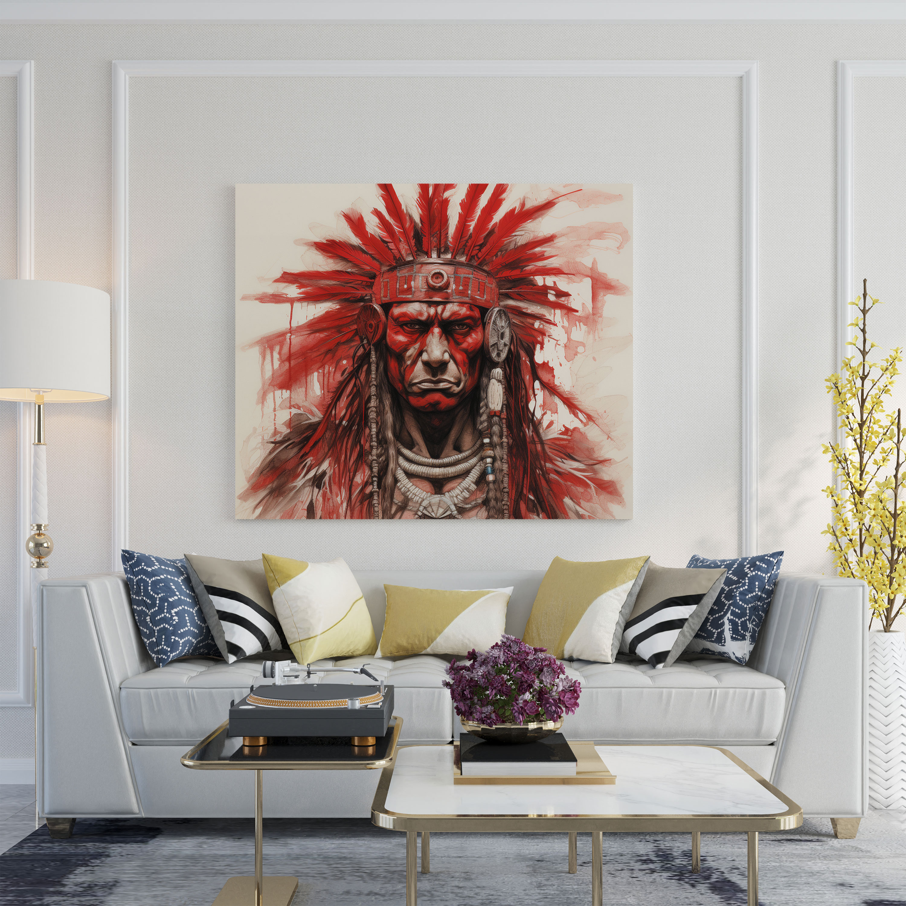 Roter Indianer Wandkunst - Krieger mit intensiven Augen Leinwandbild - Indianer Leinwand Indianer Wandkunst