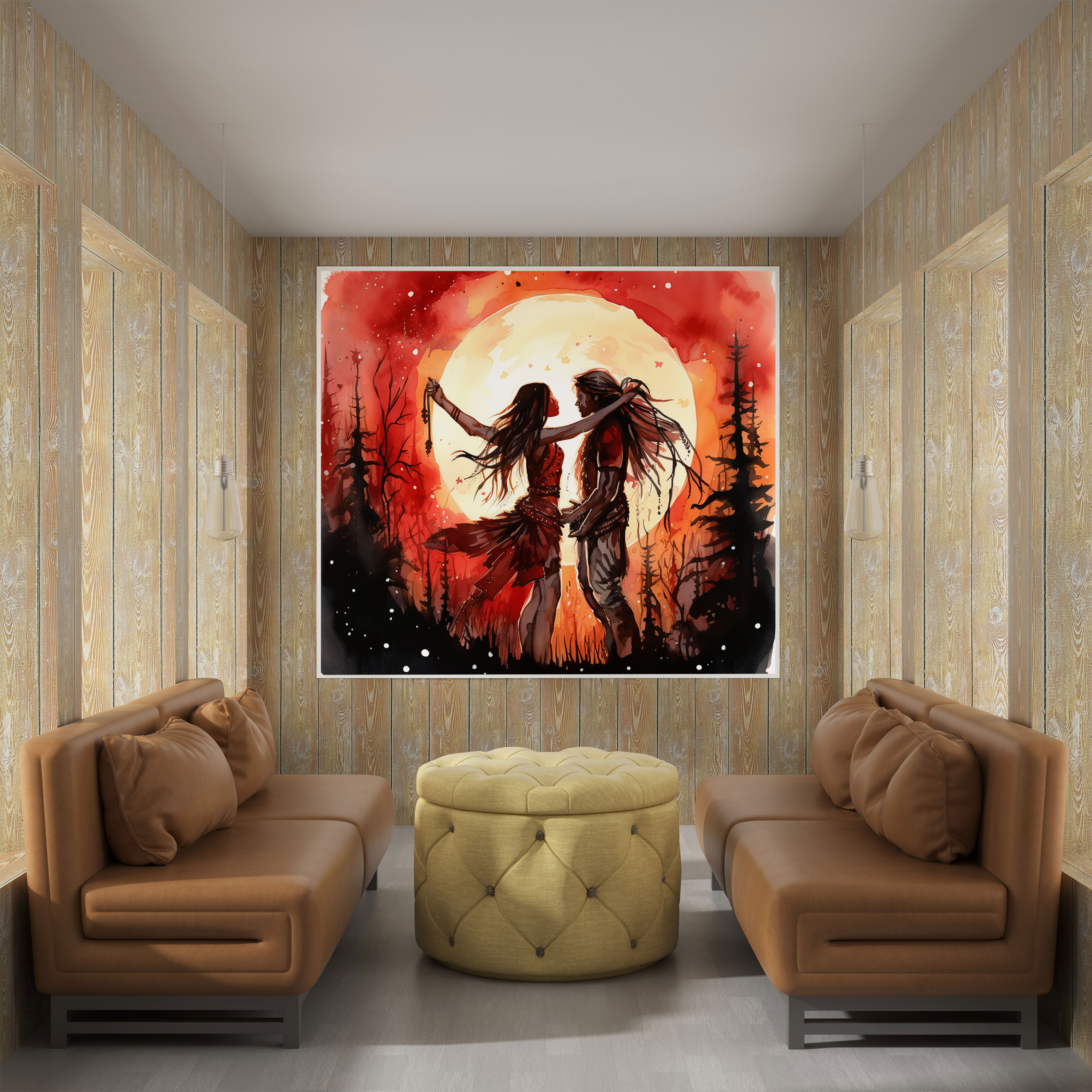 Red Indian Wall Art - Moonlit Dancing Couple Canvas Print - Red Indian, Wall Art, Canvas Print, Home Decoration