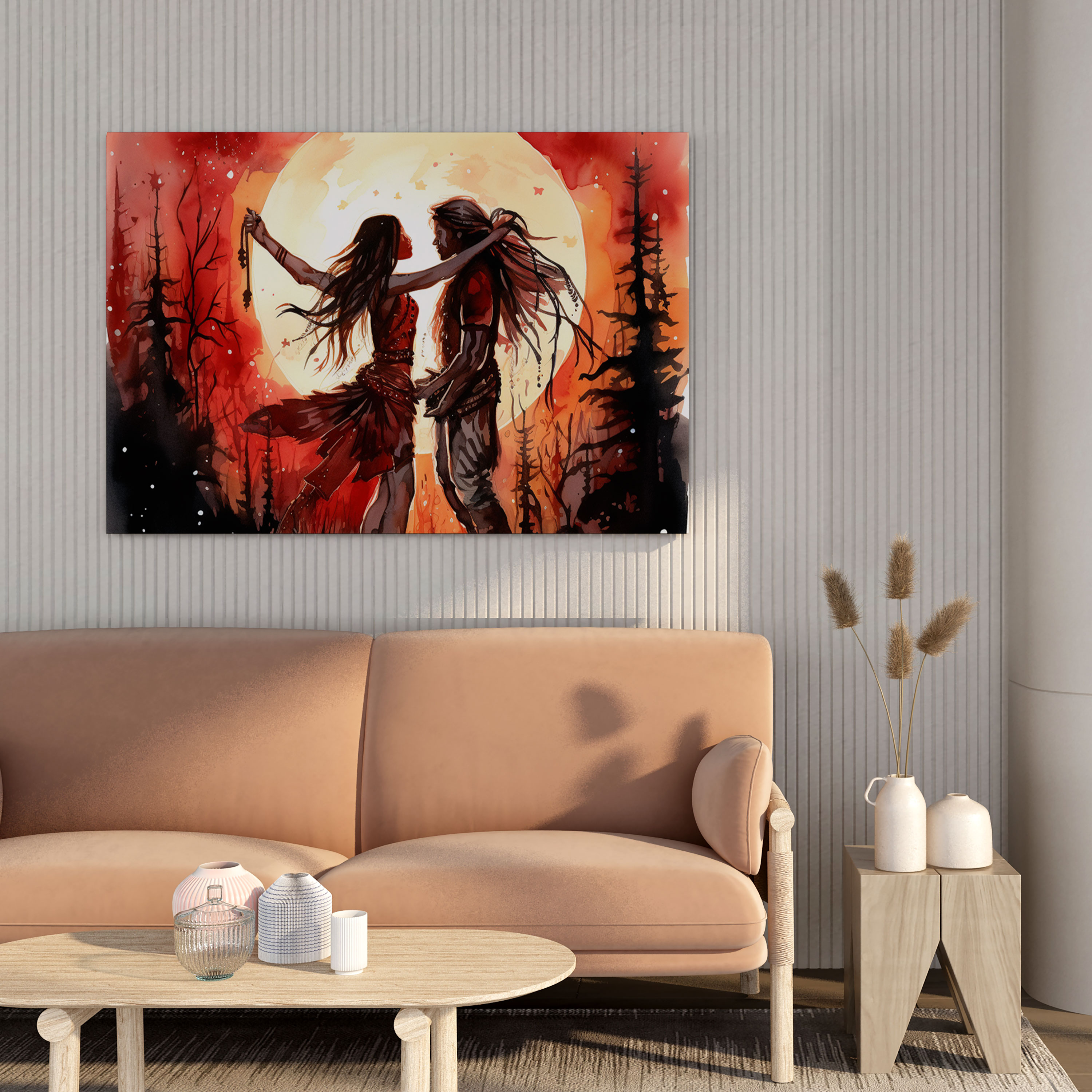 Red Indian Wall Art - Moonlit Dancing Couple Canvas Print - Red Indian, Wall Art, Canvas Print, Home Decoration