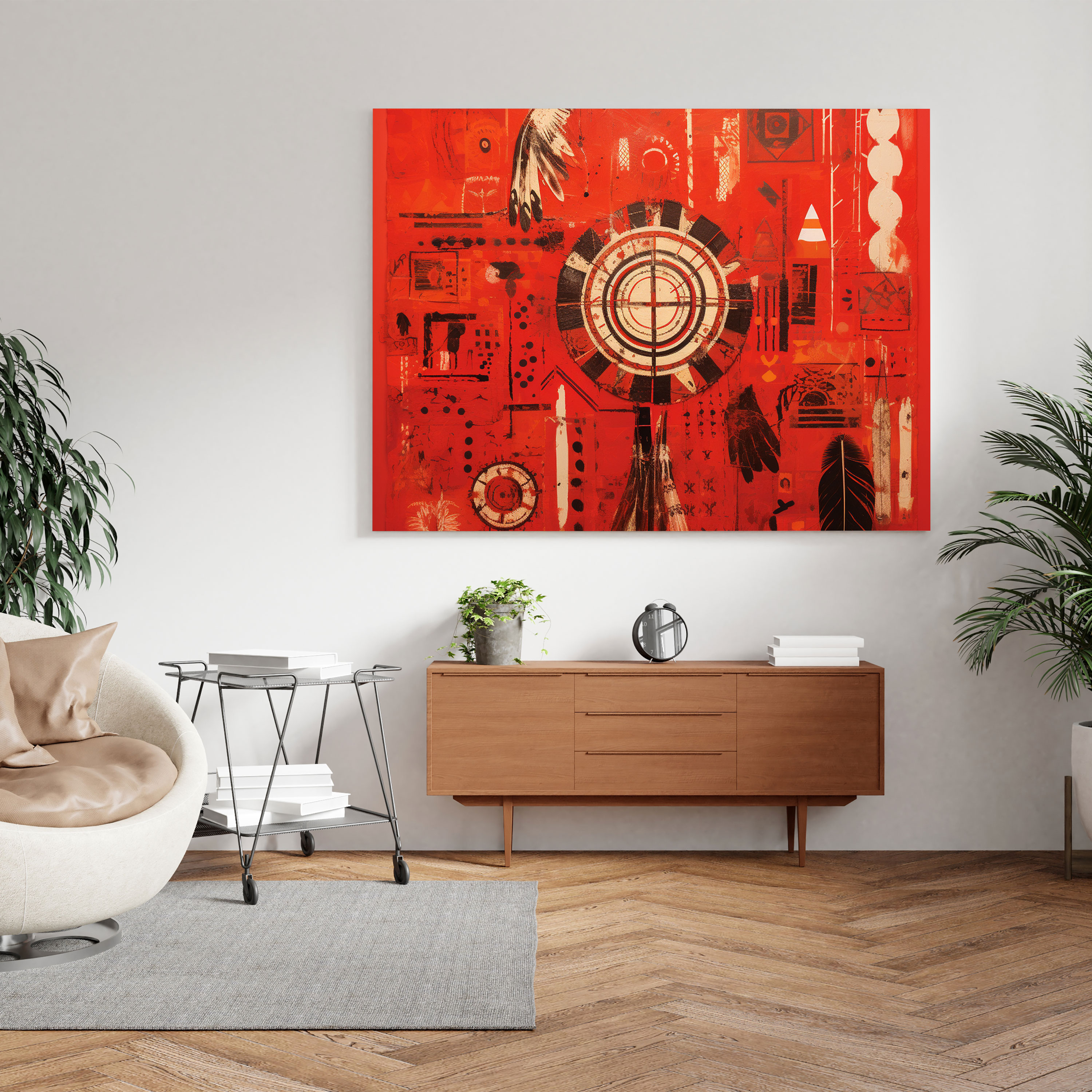 Red Indian Wall Decoration - Red Indian, Vibrant Red Background, Canvas Print, Home Decoration