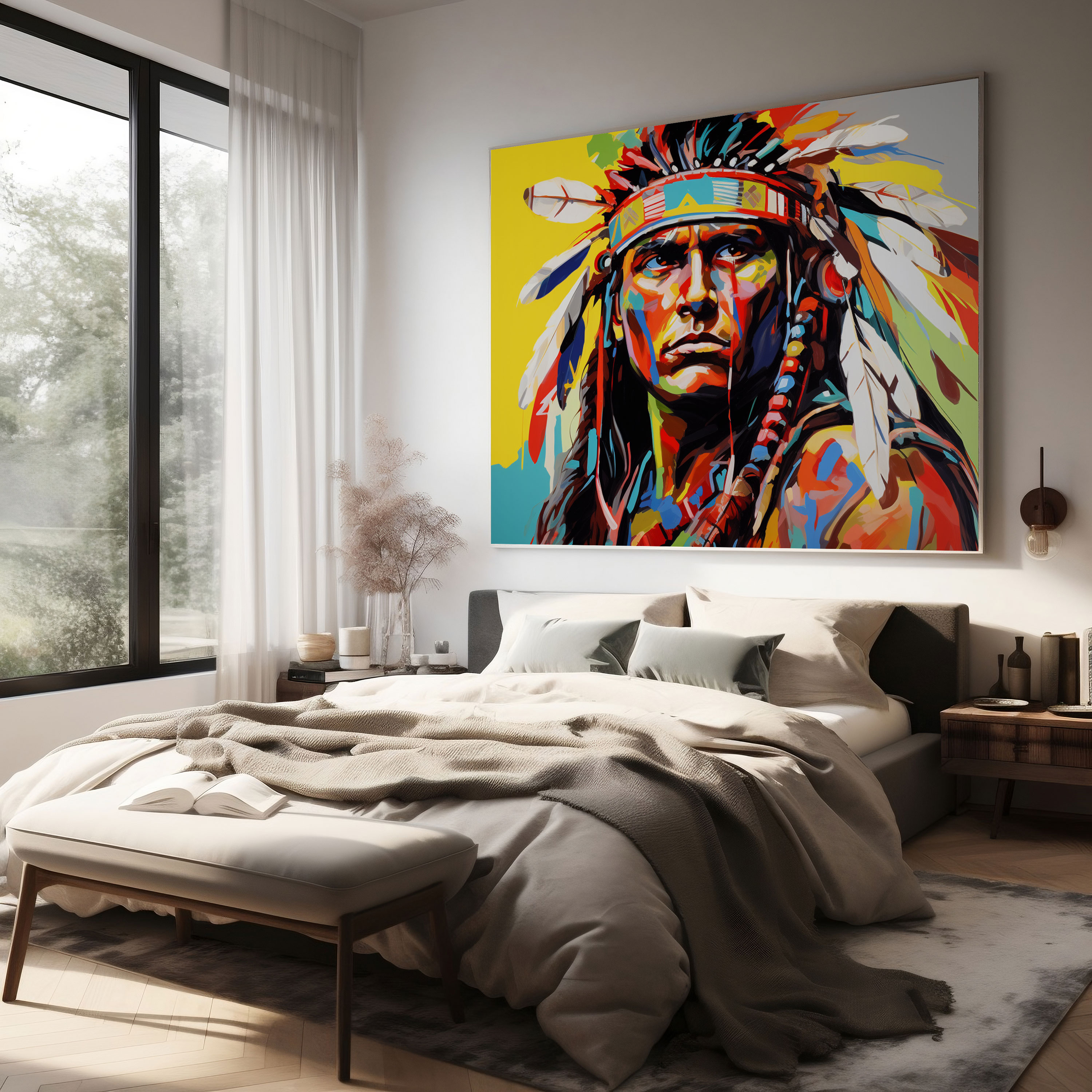 Roter Indianer Wandkunst: Mutiger Krieger - Roter Indianer Pop-Art-Stil Gemälde Wohnkultur Indianischer Krieger.