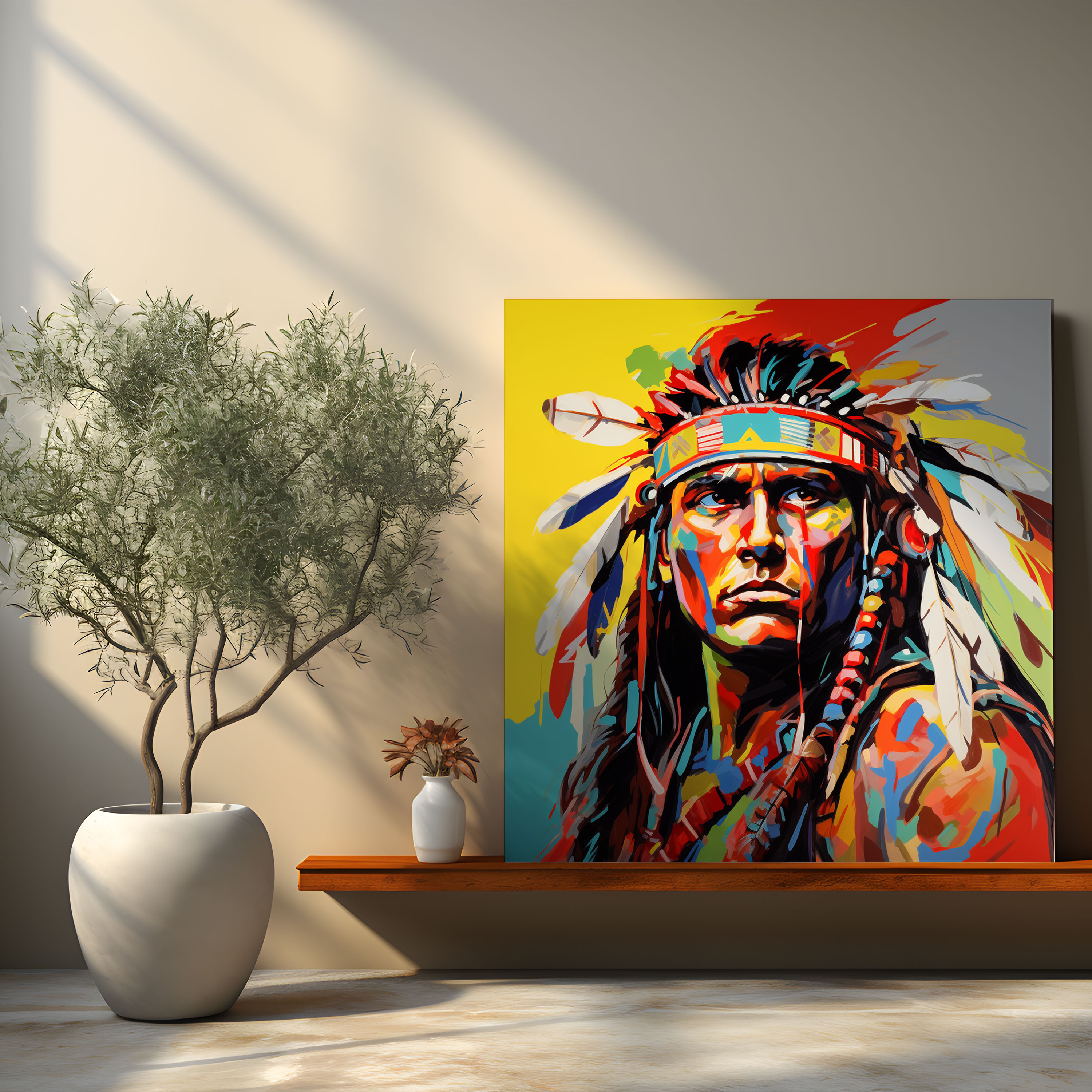 Roter Indianer Wandkunst: Mutiger Krieger - Roter Indianer Pop-Art-Stil Gemälde Wohnkultur Indianischer Krieger.