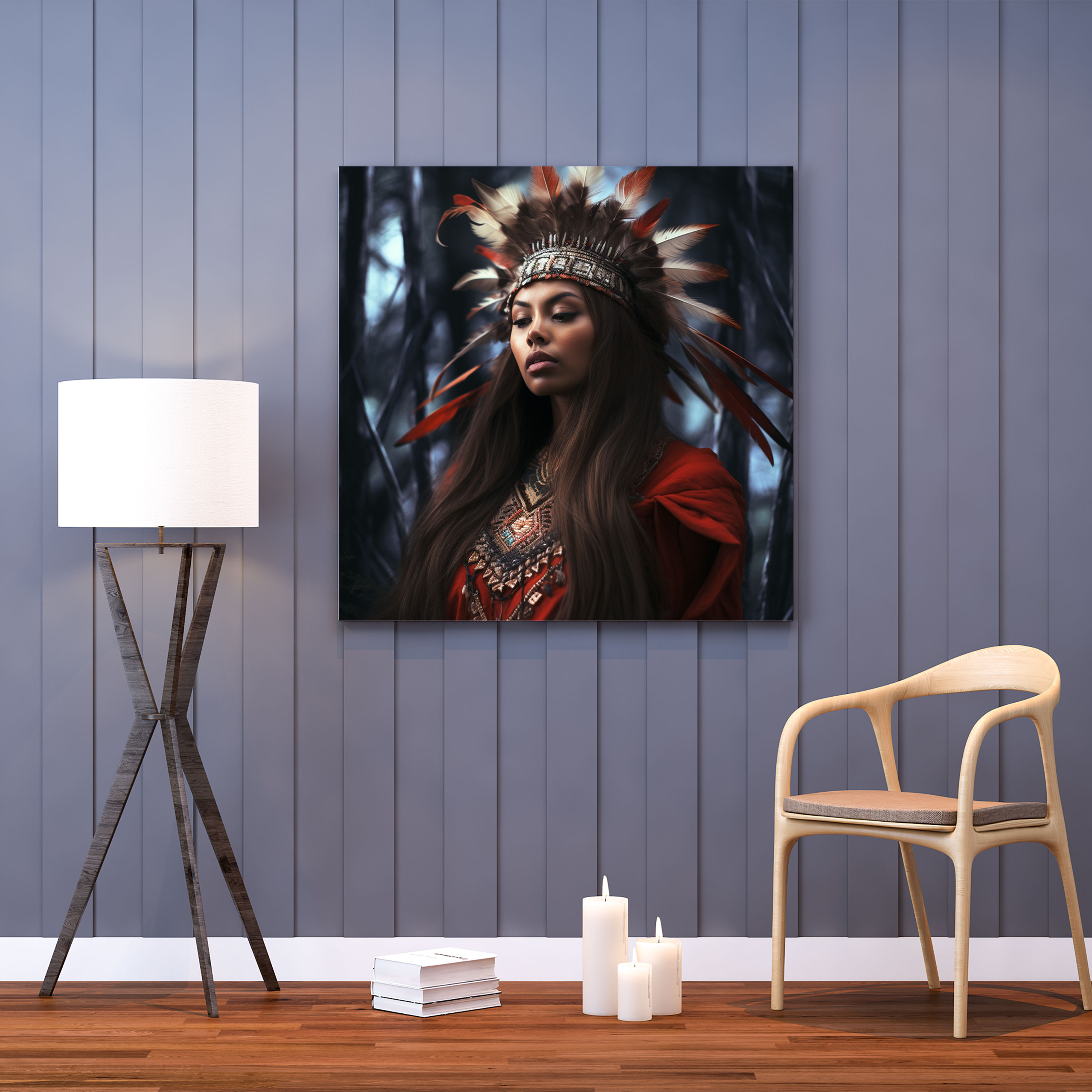 Red Indian Wall Art - Ethereal Forest Canvas Print Featuring A Feathered Woman - Red Indian, Red Indian, Canvas, Feathered Woman