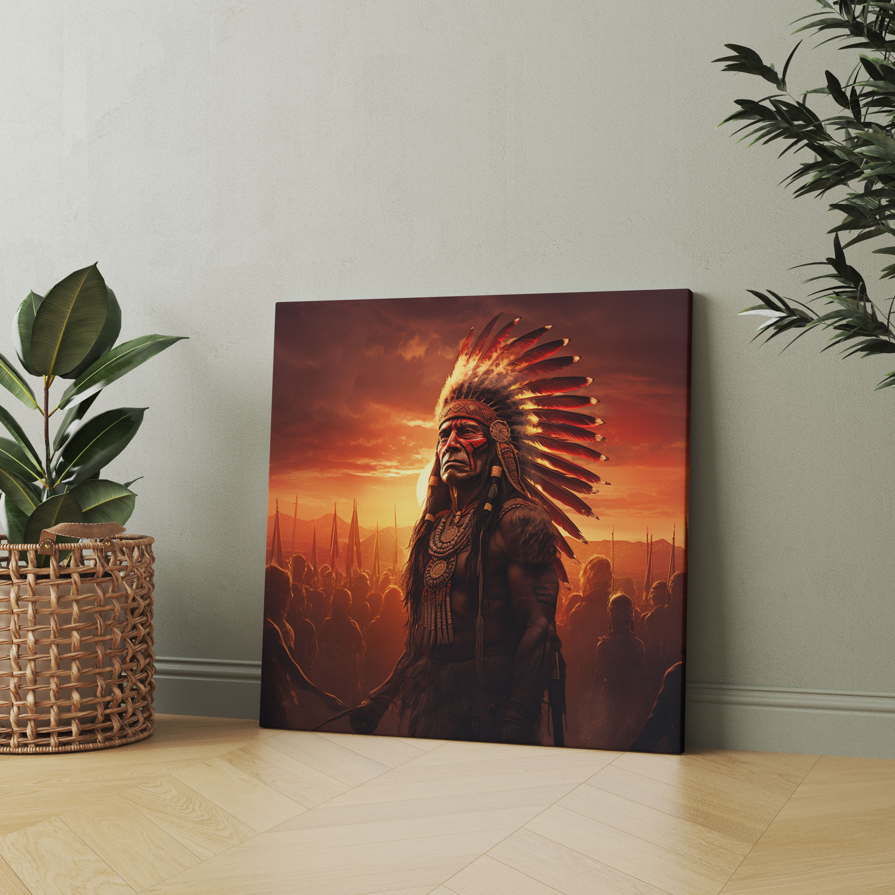 Red Indian Wall Decoration - Powerful Sunset Canvas Print With Chief And Warriors - Red Indian, Canvas, Home Decoration, Chief