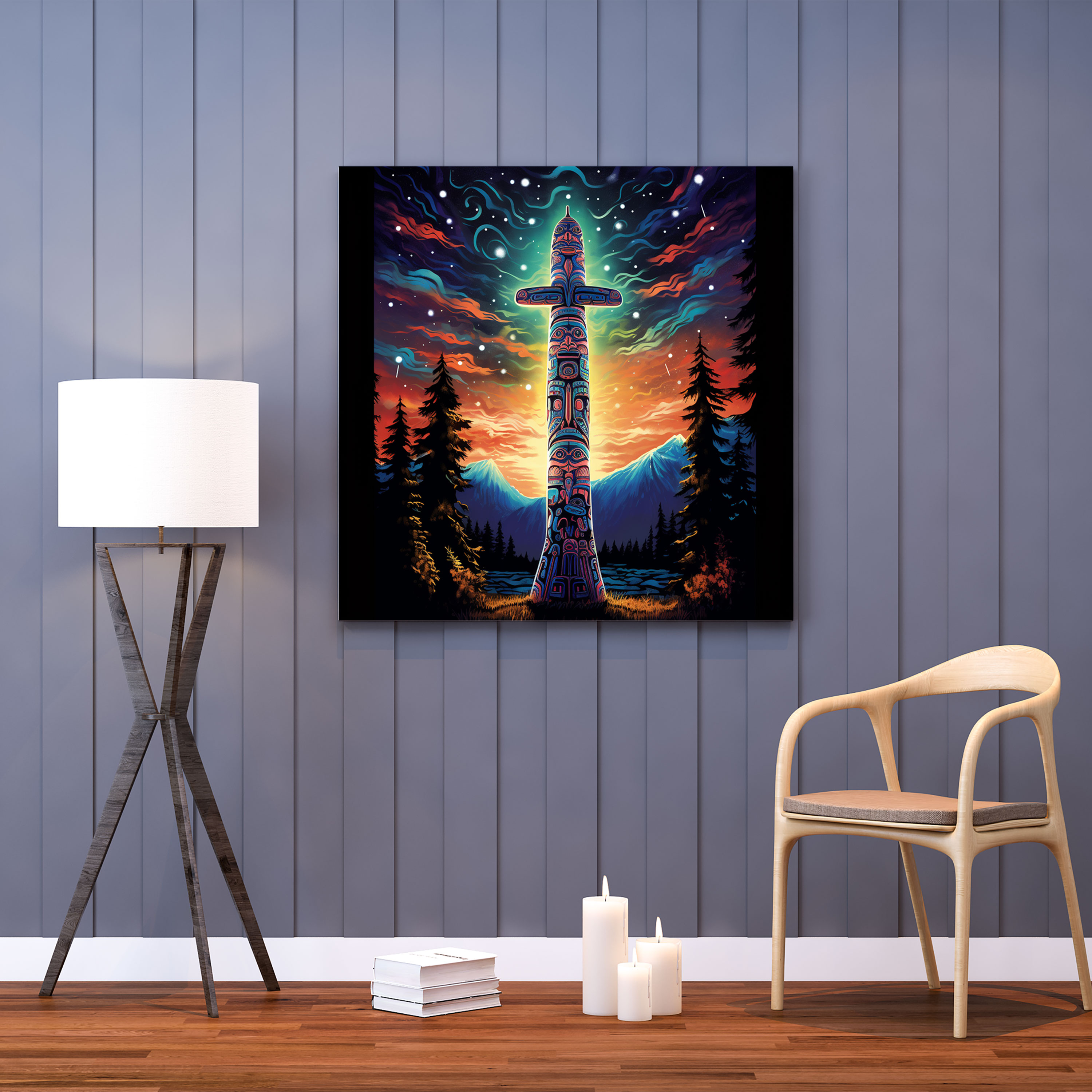 Red Indian Canvas Print - Mystical Totem Pole Wall Art And Home Decoration - Red Indian, Starry Night Sky, Mystical, Canvas Print