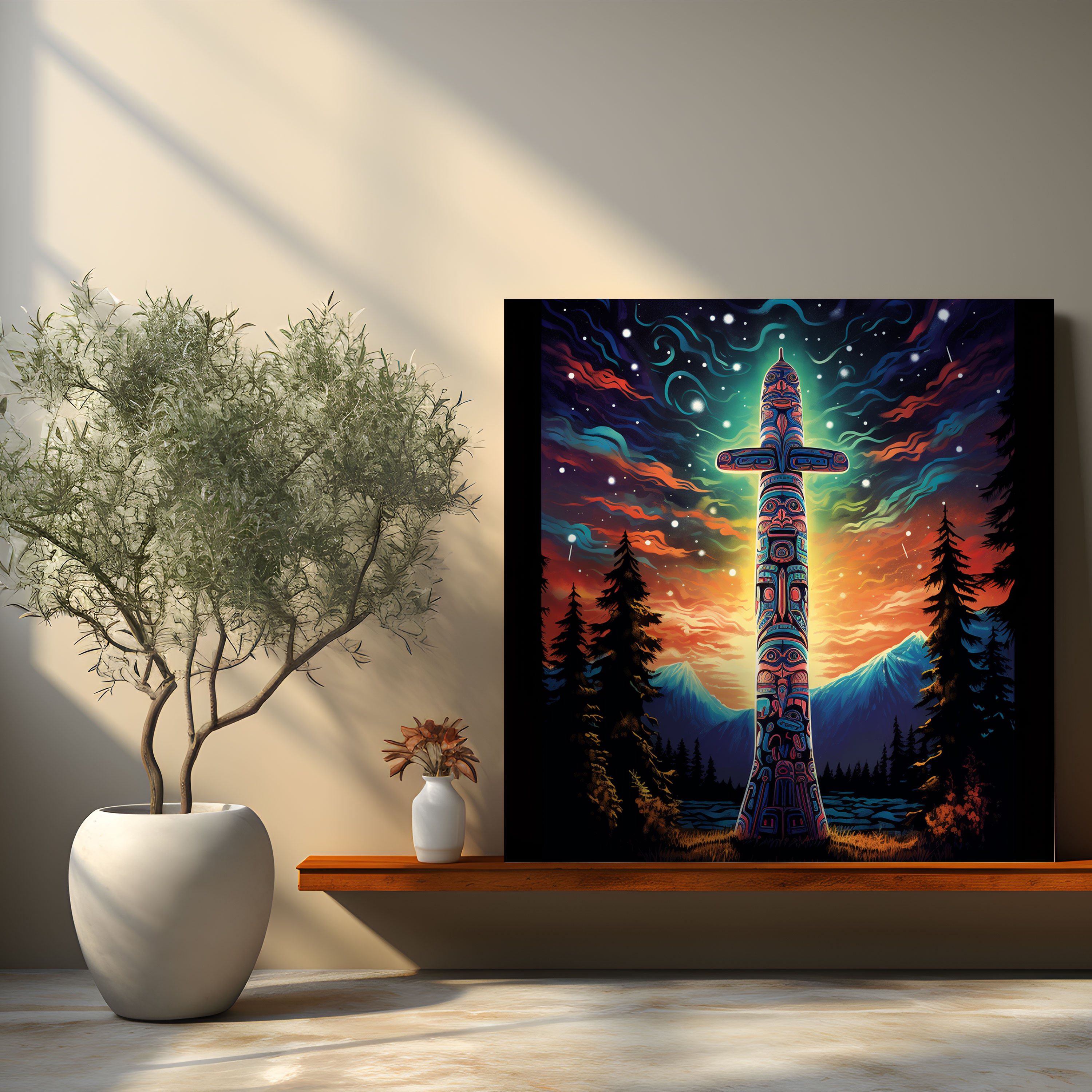 Red Indian Canvas Print - Mystical Totem Pole Wall Art And Home Decoration - Red Indian, Starry Night Sky, Mystical, Canvas Print