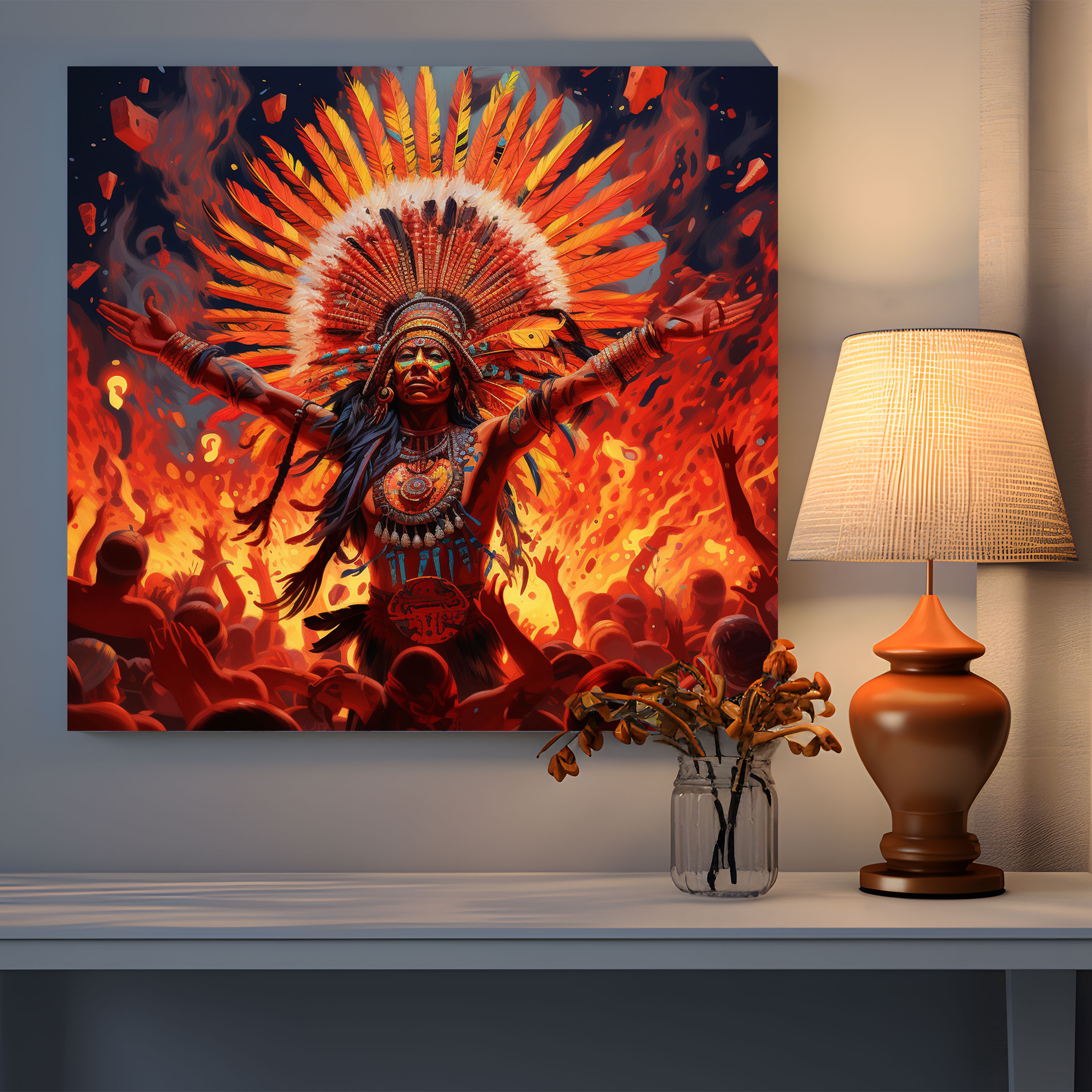 Red Indian Wall Art - Vibrant Ceremonial Dance Canvas Print For Home Decoration - Red Indian, Detailed Illustration, Canvas Wall Art, Home Decoration