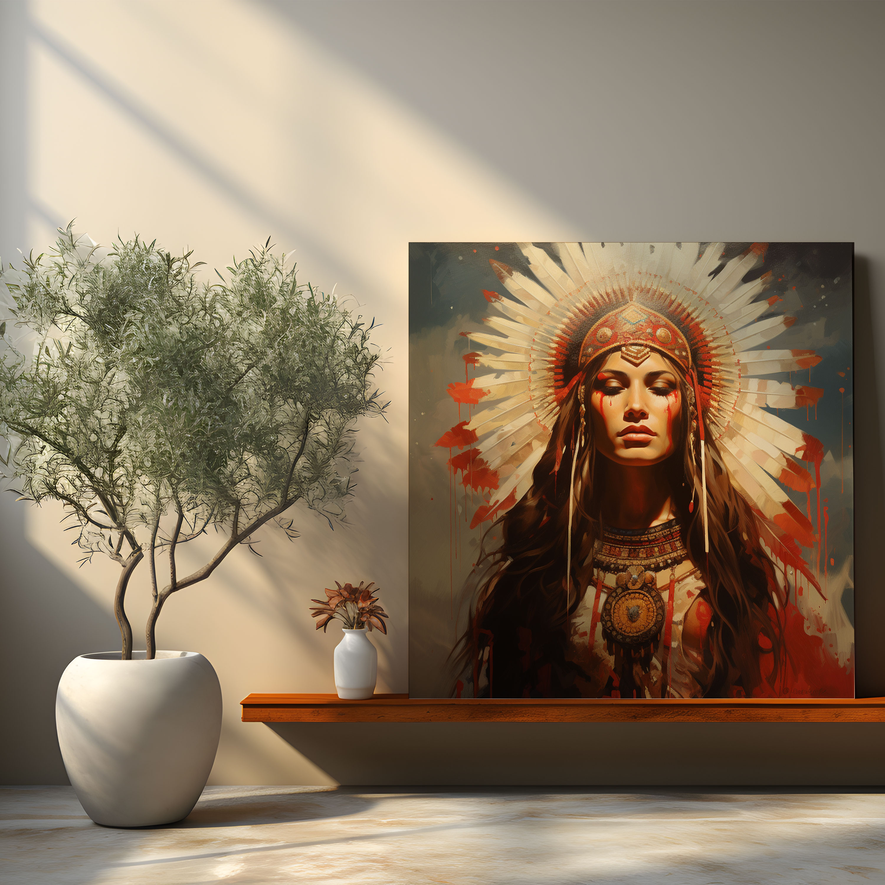 Red Indian Woman Canvas Print - Red Indian, Canvas, Traditional Headdress, Canvas Print