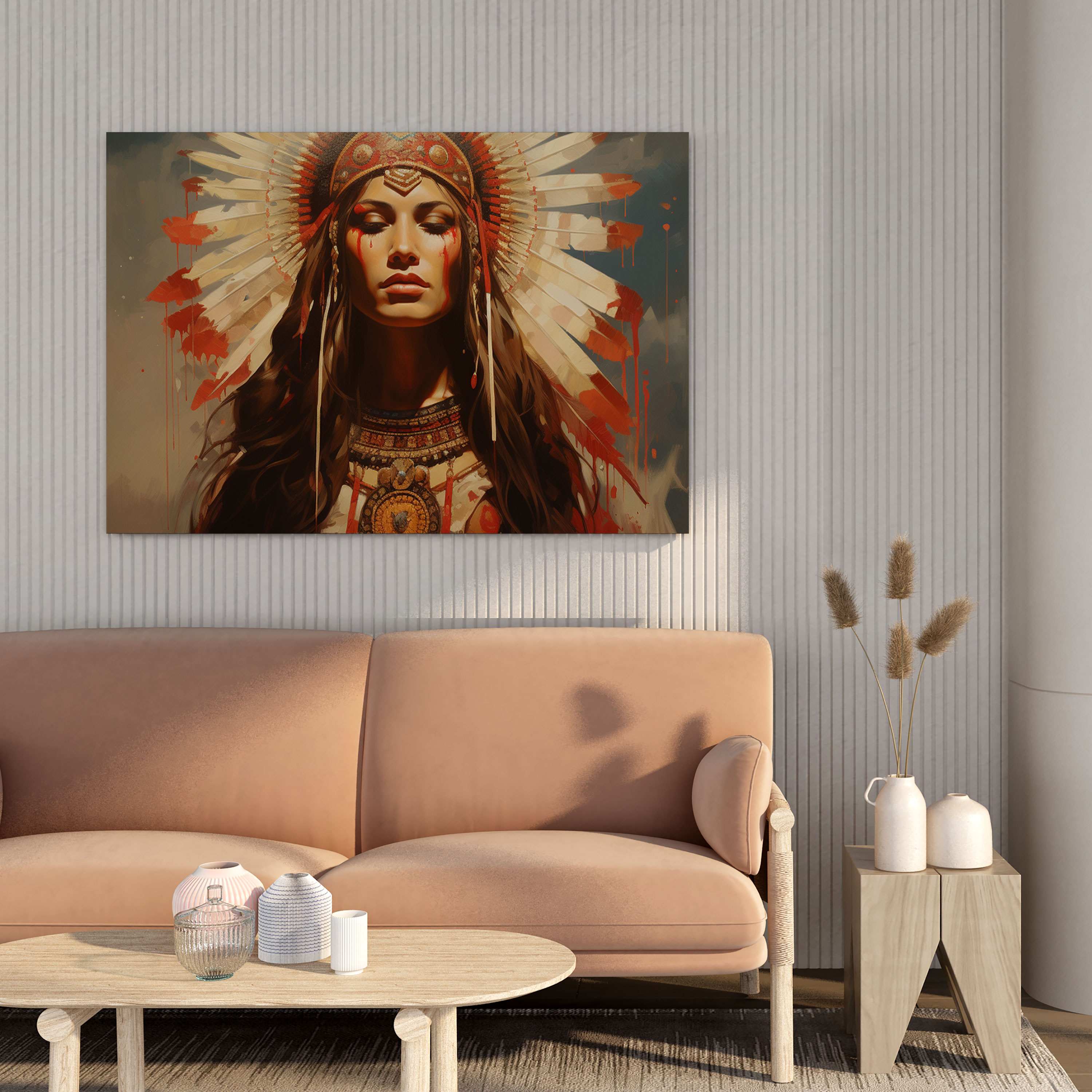 Red Indian Woman Canvas Print - Red Indian, Canvas, Traditional Headdress, Canvas Print