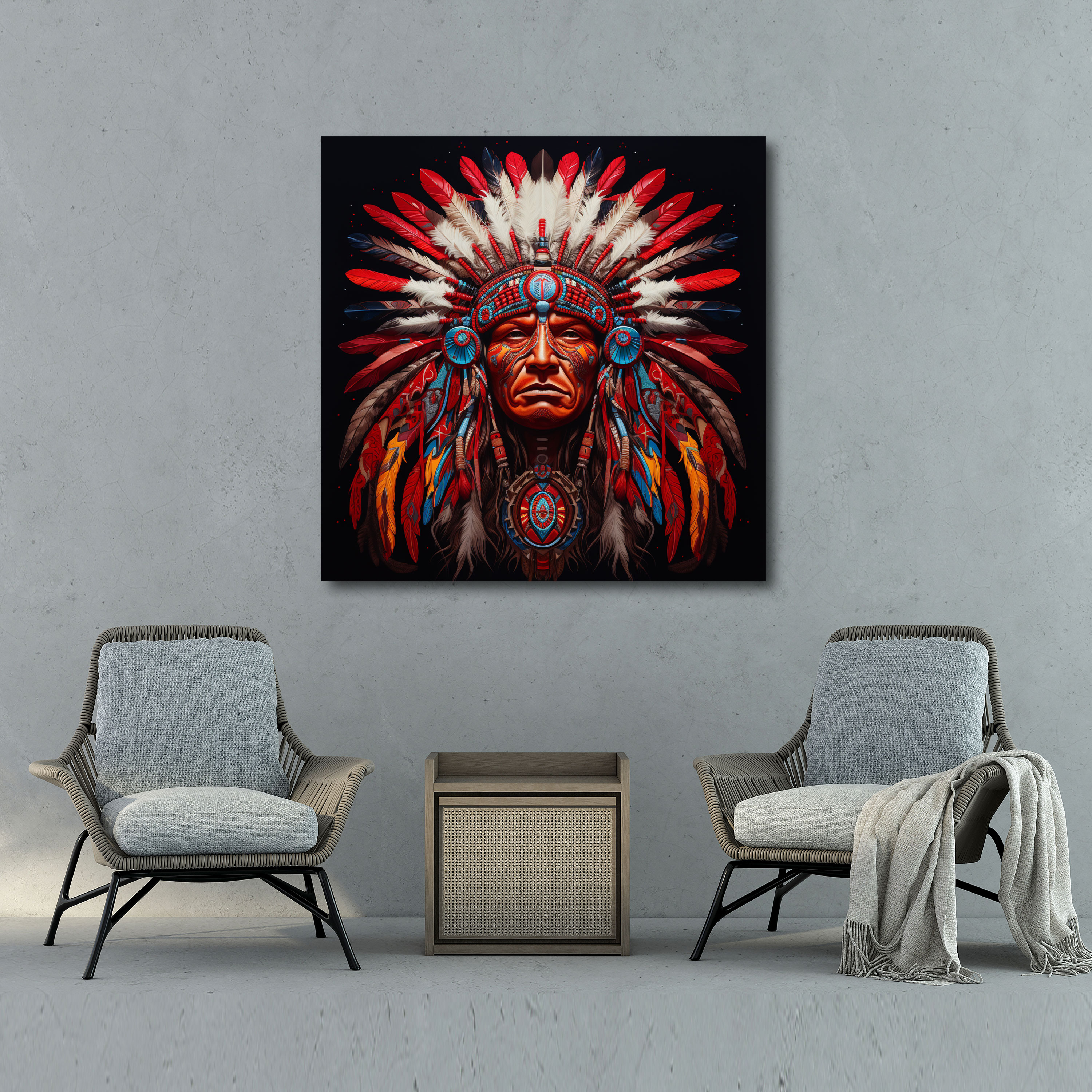 Traditional Red Indian Chief Wall Art - Red Indian, Wall Decoration, Canvas, Native American Culture