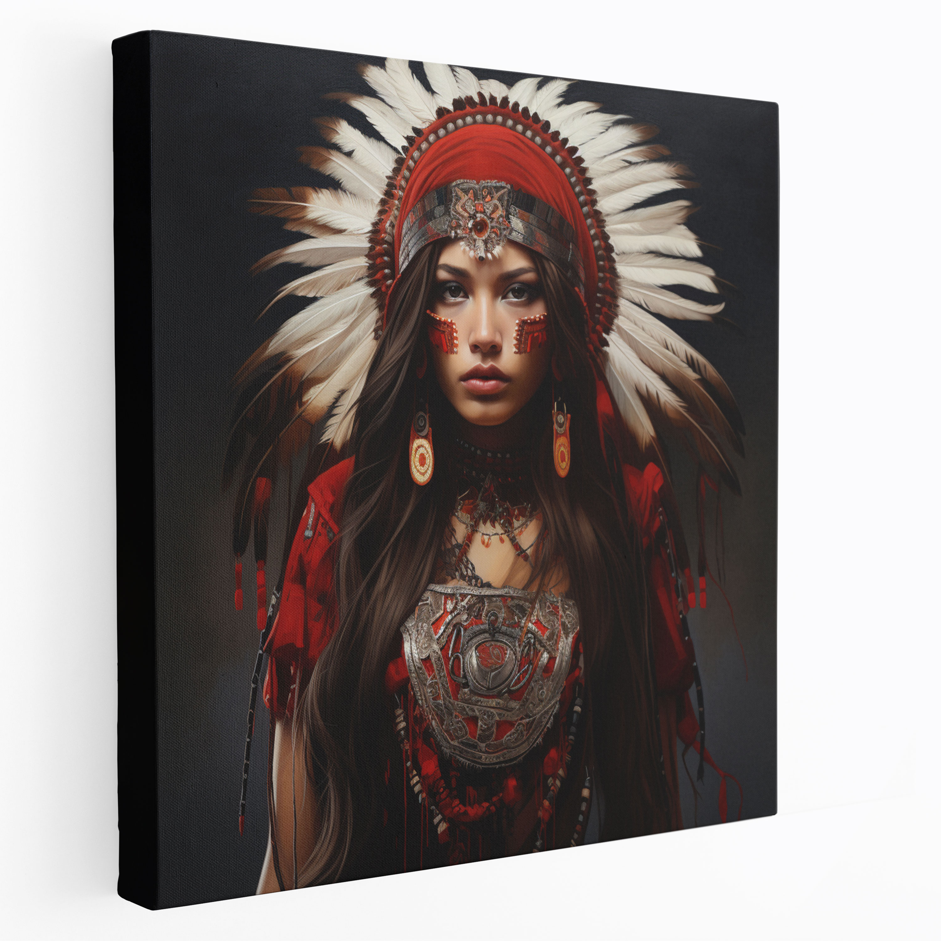 Intricate Beadwork Red Indian Woman Canvas Print - Red Indian, Captivating, Canvas Wall Art, Canvas Print
