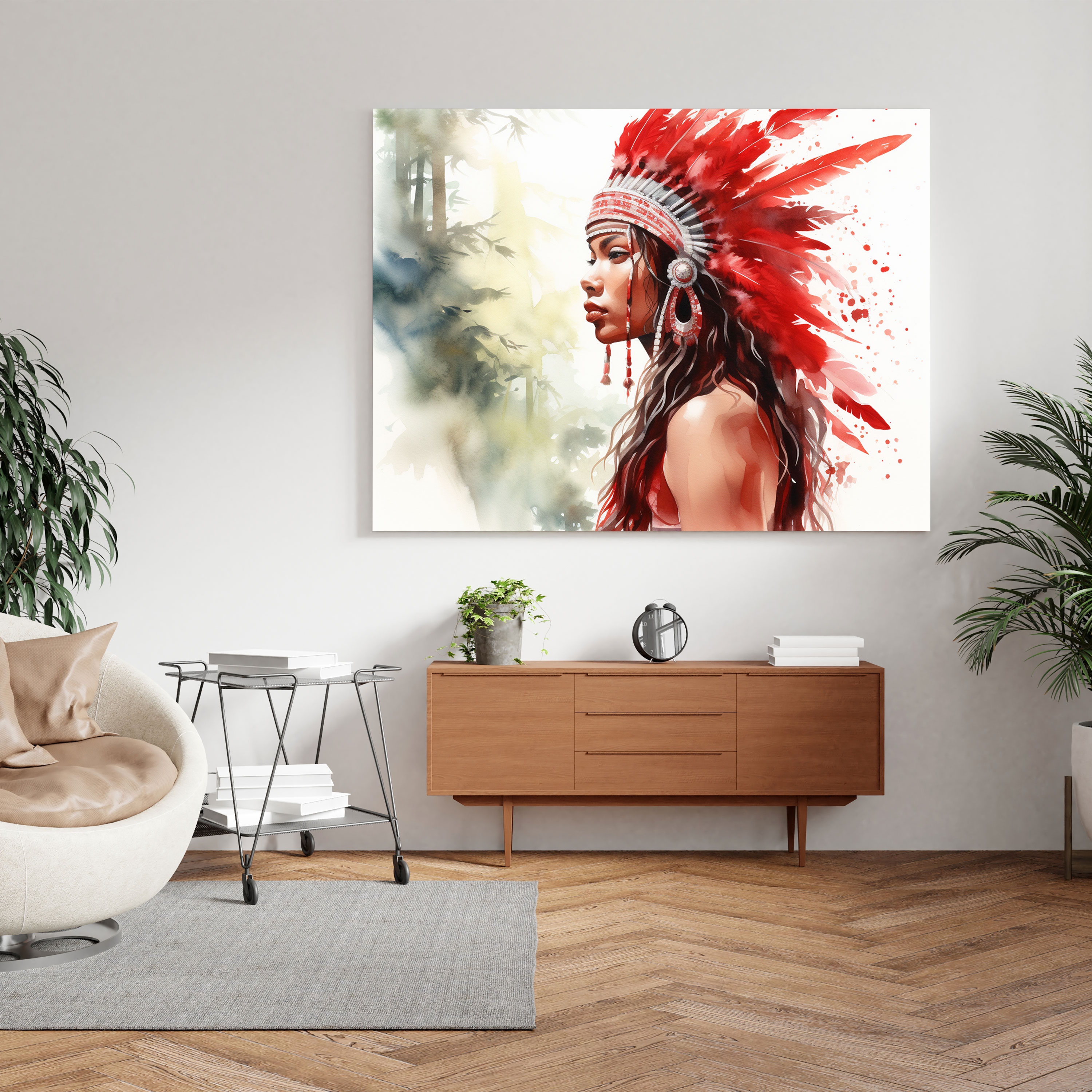 Red Indian Wall Art - Peaceful Forest Watercolor Canvas Print - Red Indian, Canvas Wall Art, Home Decoration, Red Indian
