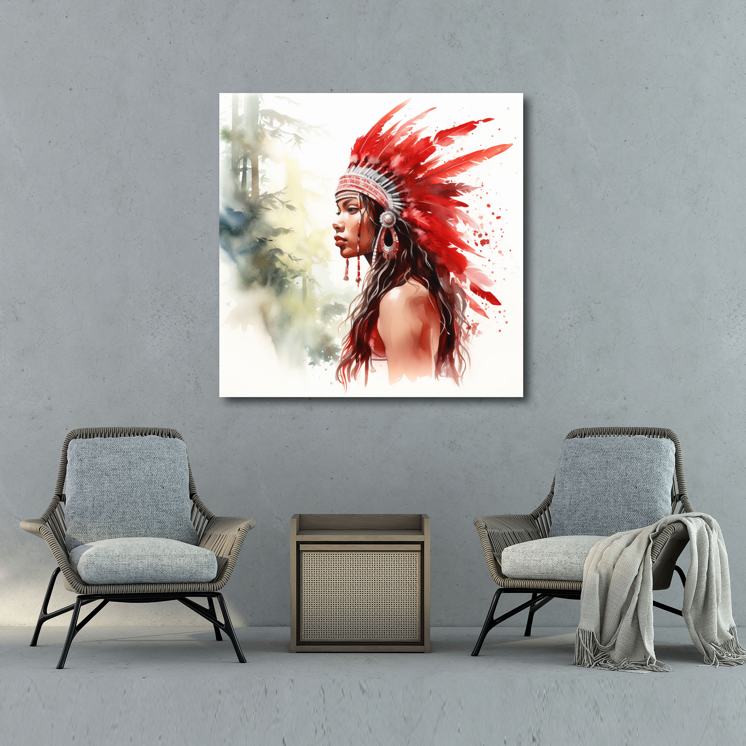 Red Indian Wall Art - Peaceful Forest Watercolor Canvas Print - Red Indian, Canvas Wall Art, Home Decoration, Red Indian