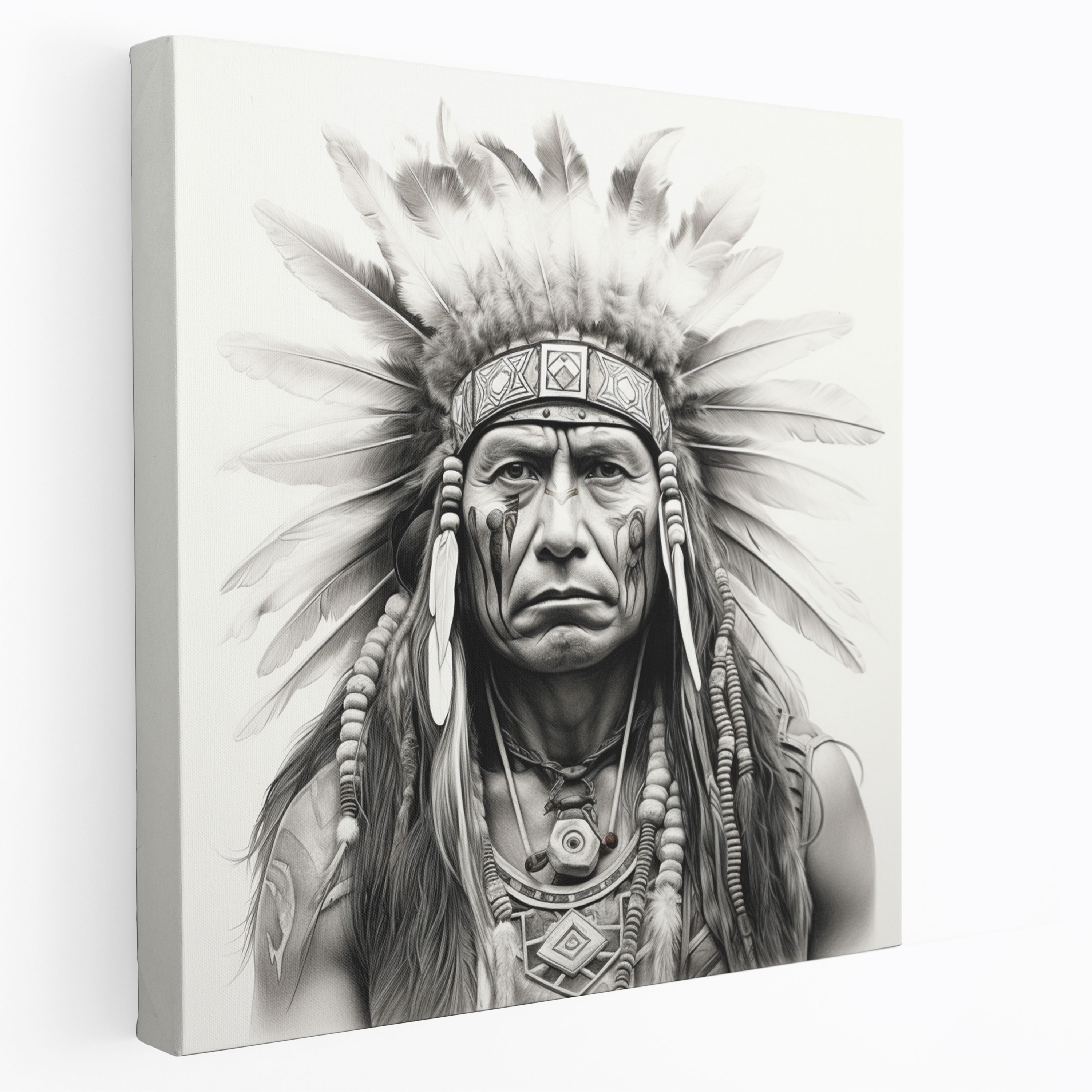 Red Indian Wall Art - Feathers And Paint Pencil Drawing Canvas Print - Red Indian, Home Decoration, Wall Art, Warrior