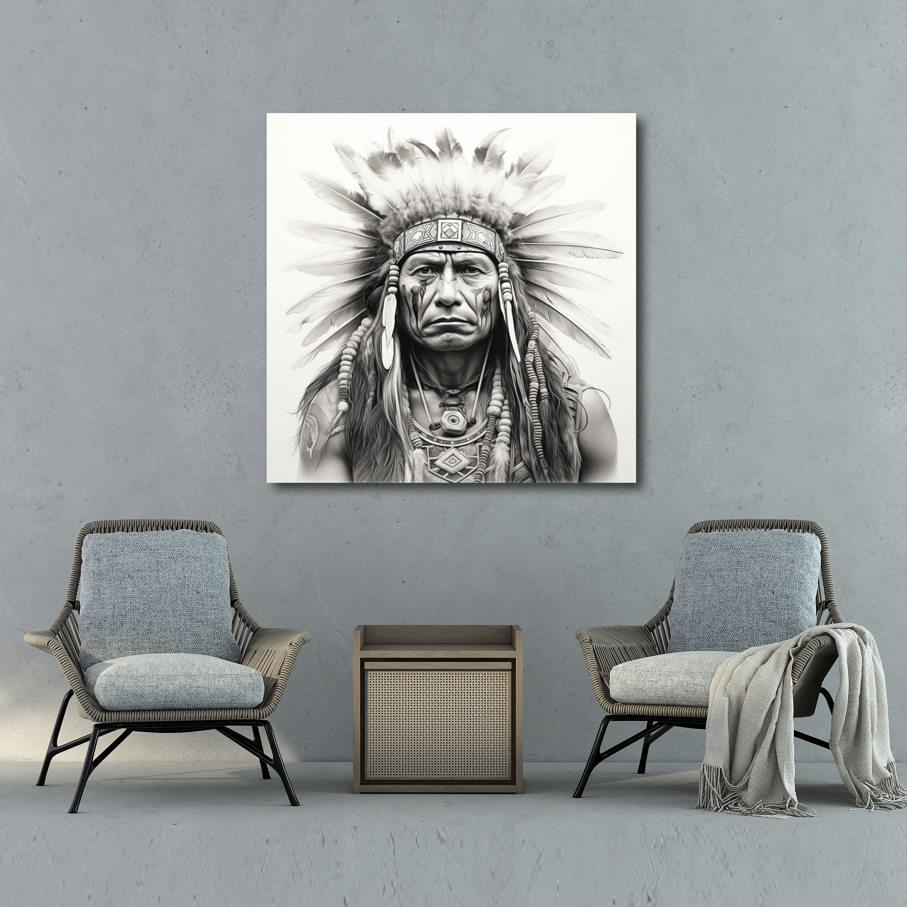 Red Indian Wall Art - Feathers And Paint Pencil Drawing Canvas Print - Red Indian, Home Decoration, Wall Art, Warrior