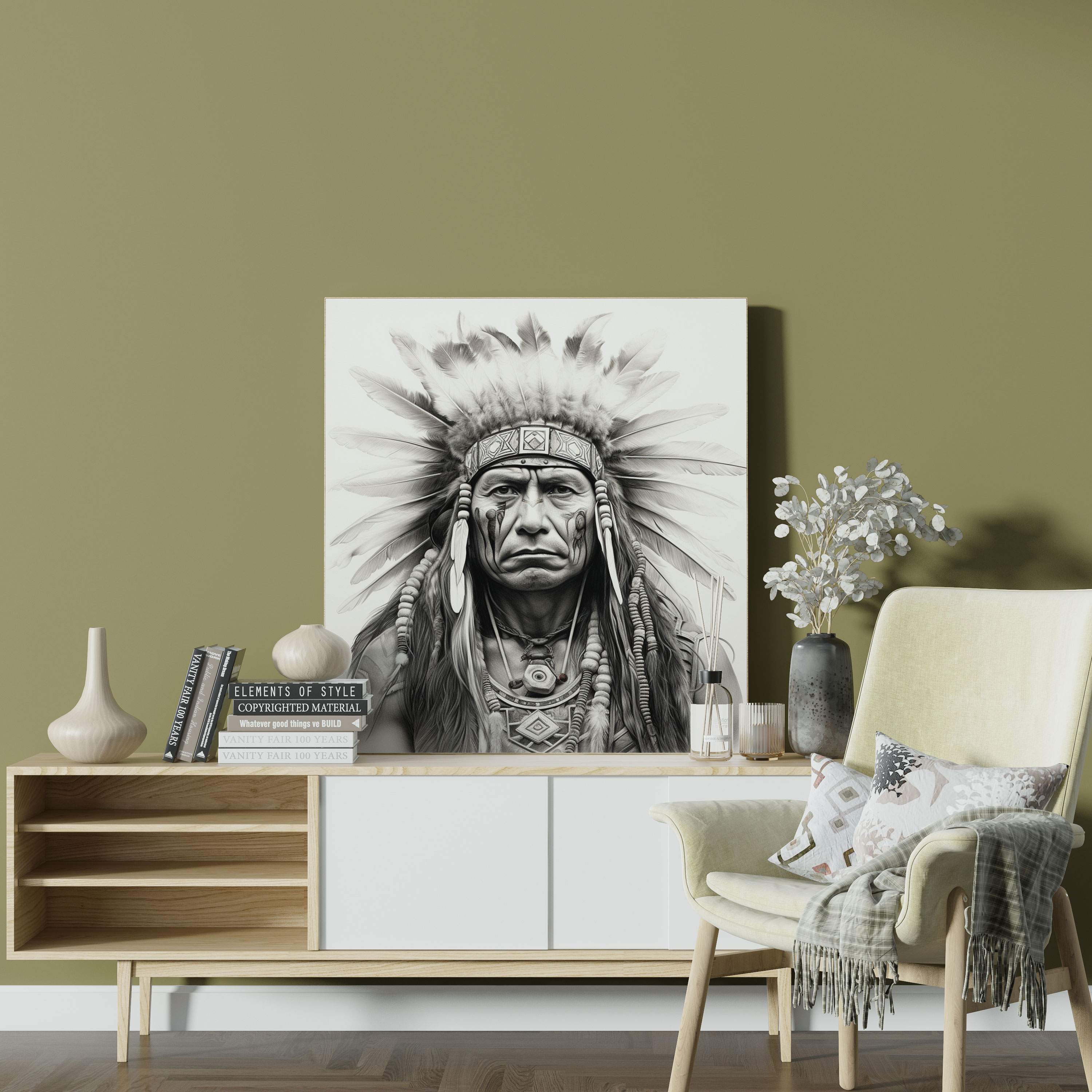 Red Indian Wall Art - Feathers And Paint Pencil Drawing Canvas Print - Red Indian, Home Decoration, Wall Art, Warrior