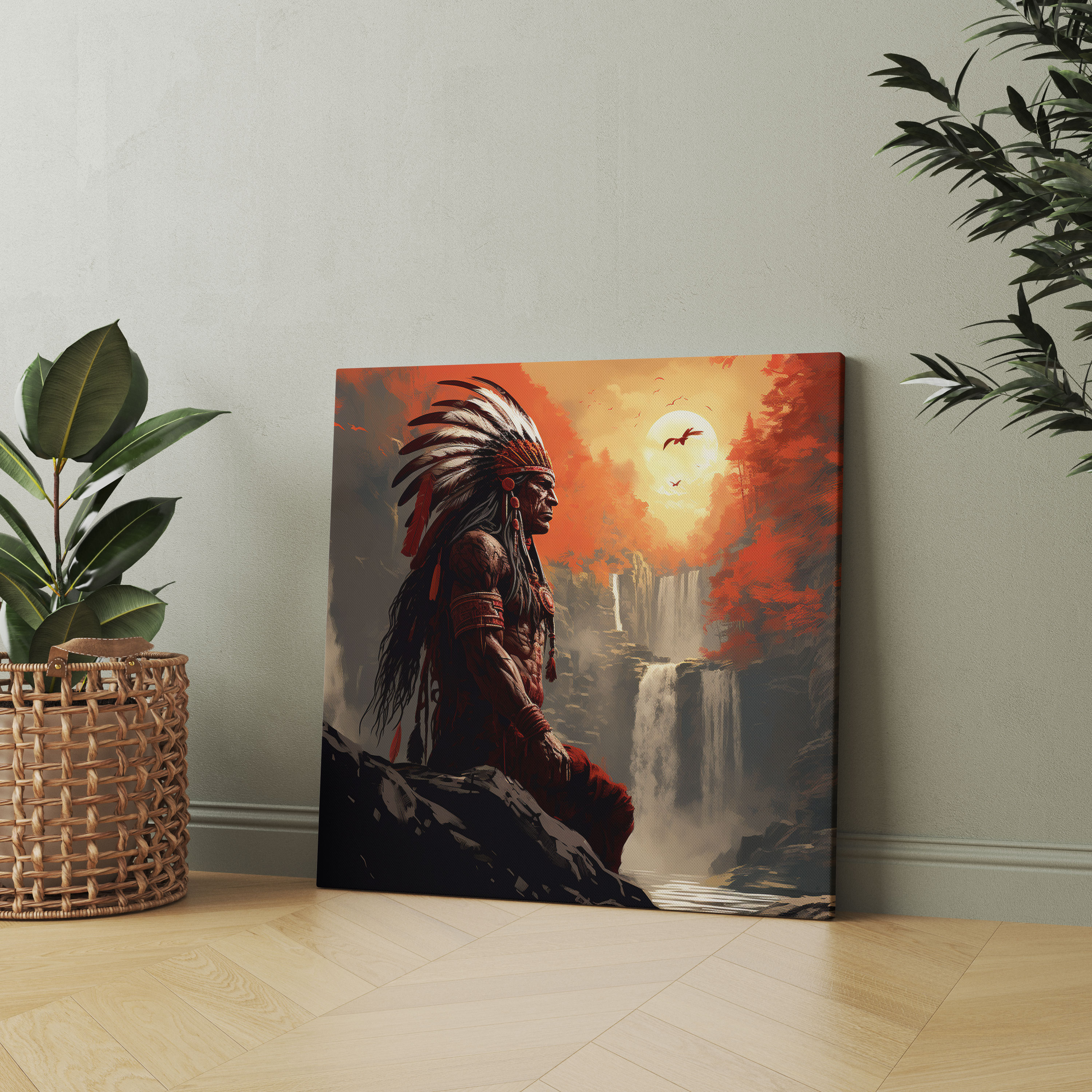 Red Indian Wall Decoration - Mystical Waterfall Digital Illustration Canvas Print - Red Indian, Digital Illustration, Wall Decoration, Home Decoration