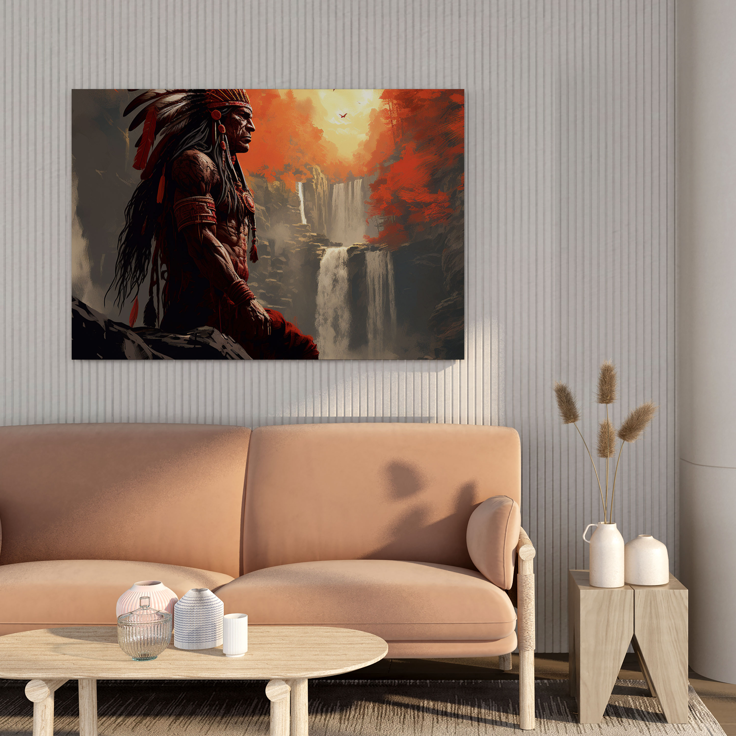 Red Indian Wall Decoration - Mystical Waterfall Digital Illustration Canvas Print - Red Indian, Digital Illustration, Wall Decoration, Home Decoration
