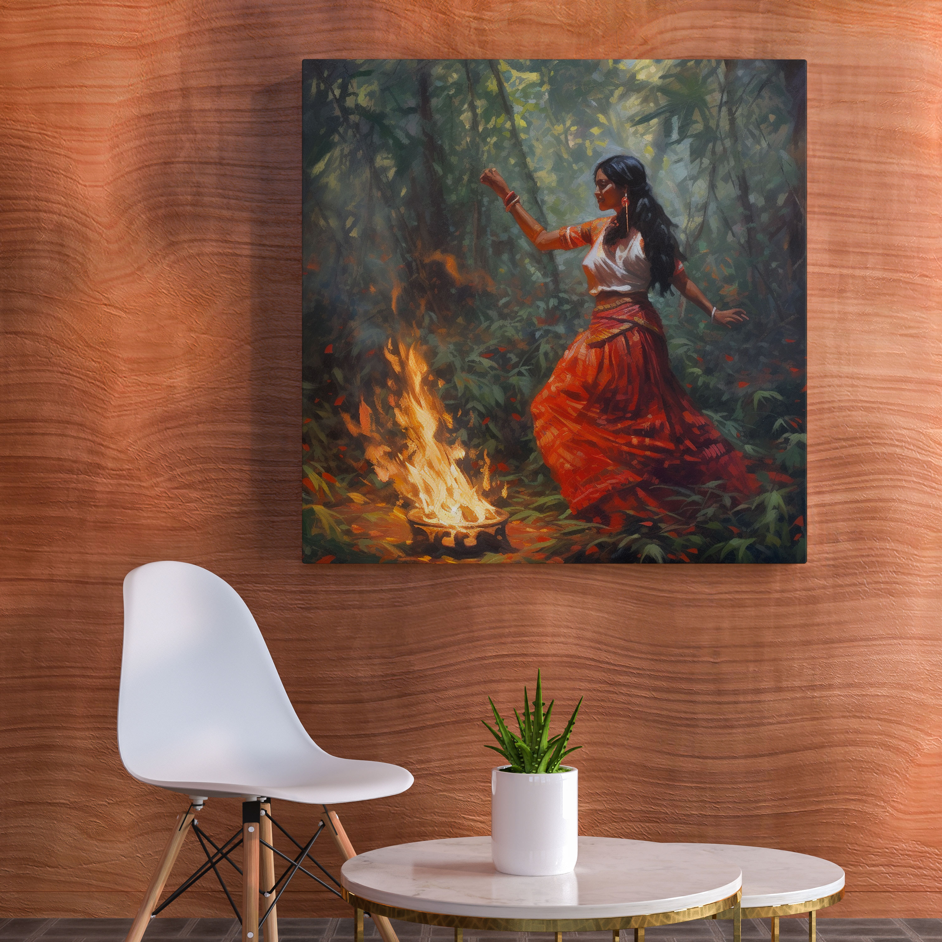 Red Indian Canvas Print - Lush Forest Dance Impressionist Oil Painting - Red Indian, Home Decoration, Canvas, Lush Forest