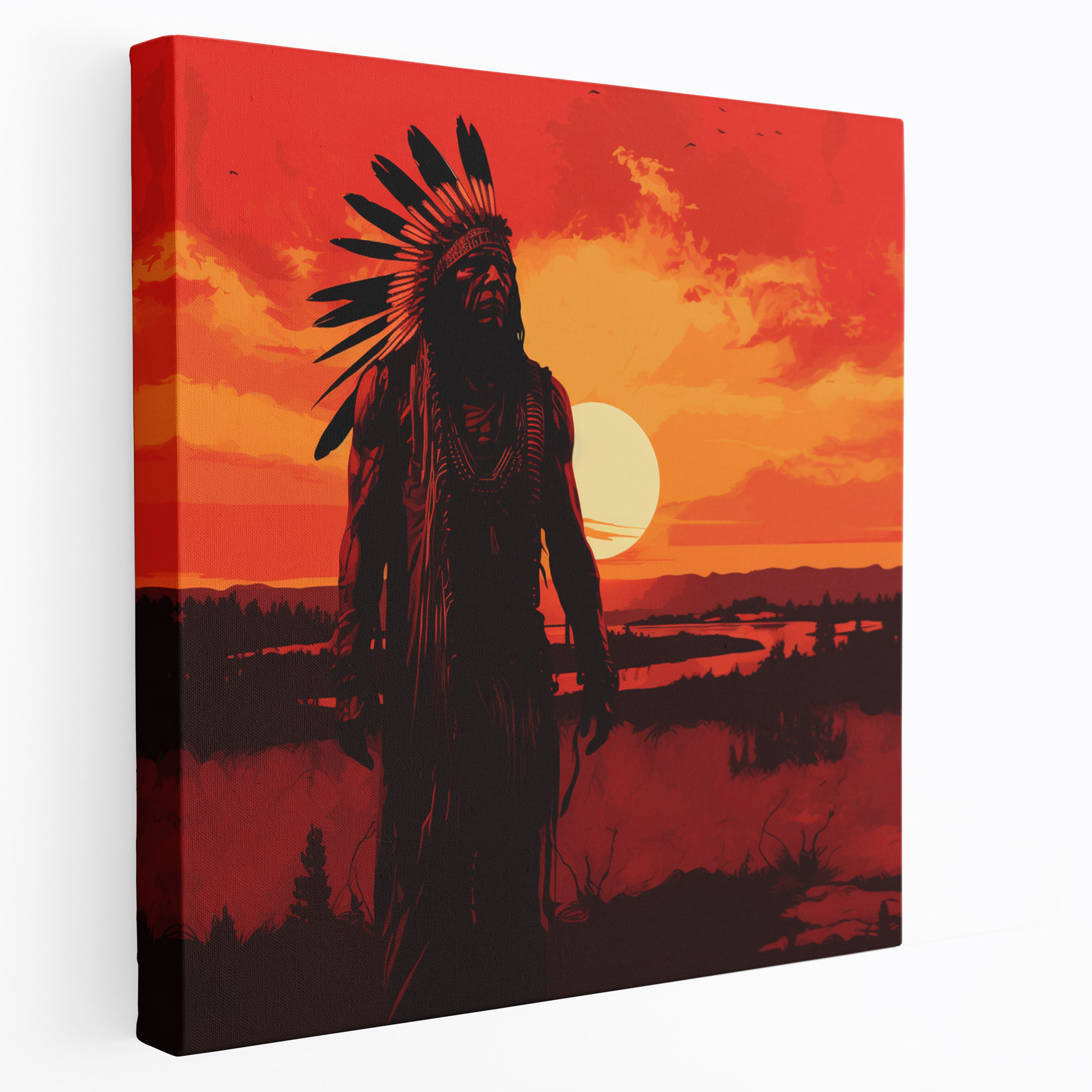 Red Indian Wall Art - Fiery Sunset Chief Silhouette Minimalist Canvas Print - Red Indian, Canvas, Home Decoration, Wall Art