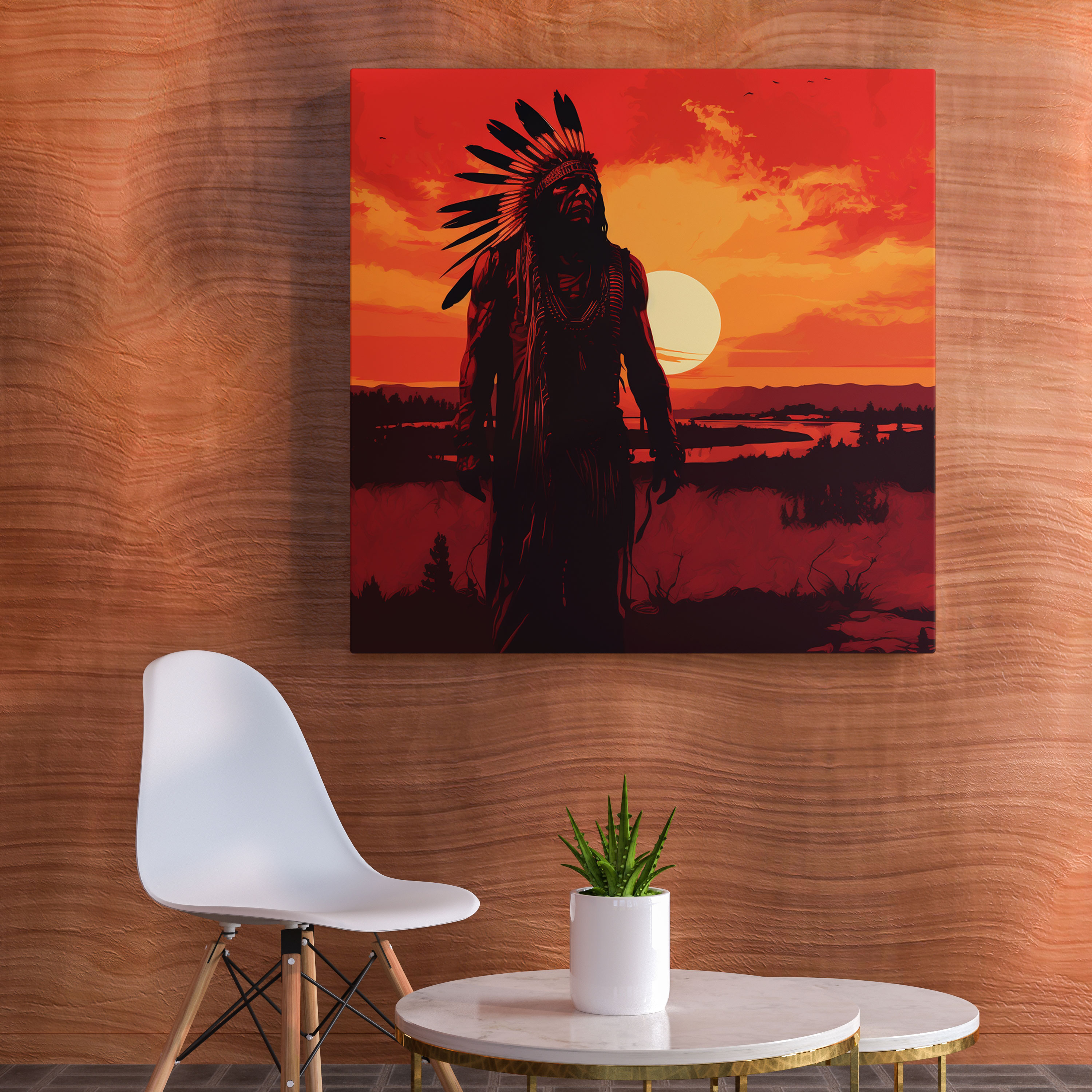 Red Indian Wall Art - Fiery Sunset Chief Silhouette Minimalist Canvas Print - Red Indian, Canvas, Home Decoration, Wall Art