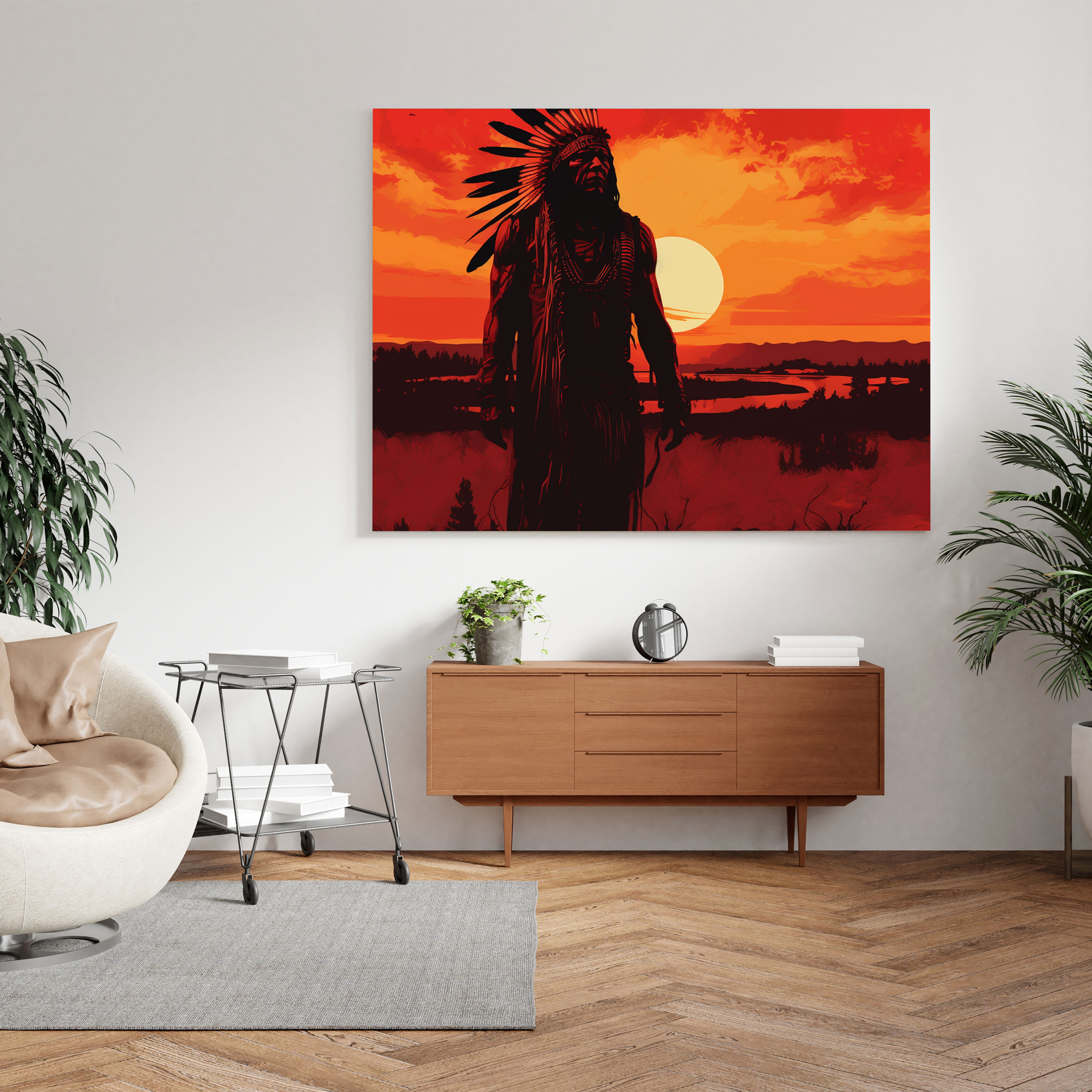 Red Indian Wall Art - Fiery Sunset Chief Silhouette Minimalist Canvas Print - Red Indian, Canvas, Home Decoration, Wall Art