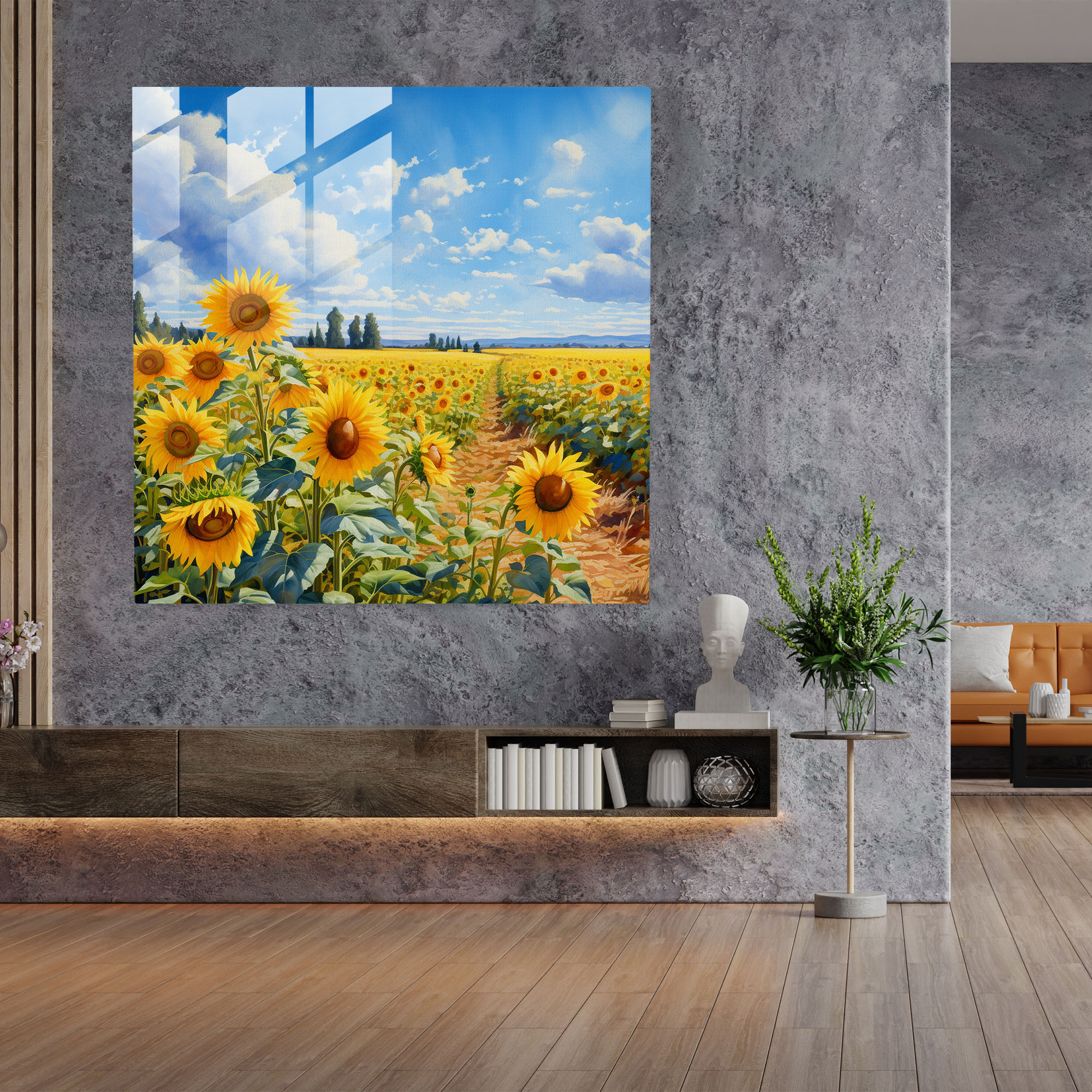 Rejection Reflection: Sunflower Field Glass Print - Rejection, Home Decoration, Wall Decoration, Glass Print