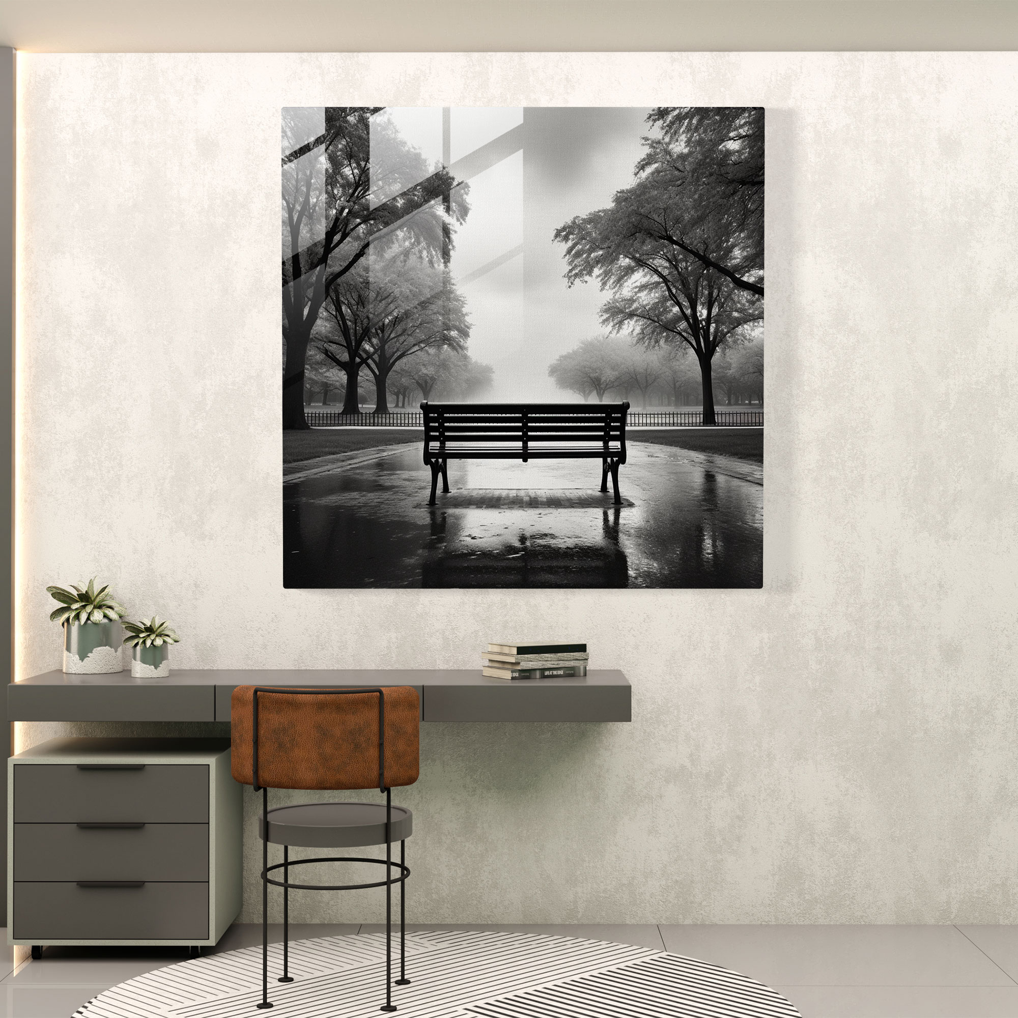 Rejection Reflection: Rainy Park Glass Print - Rejection, Rainy Sky, Nostalgia, Home Decoration