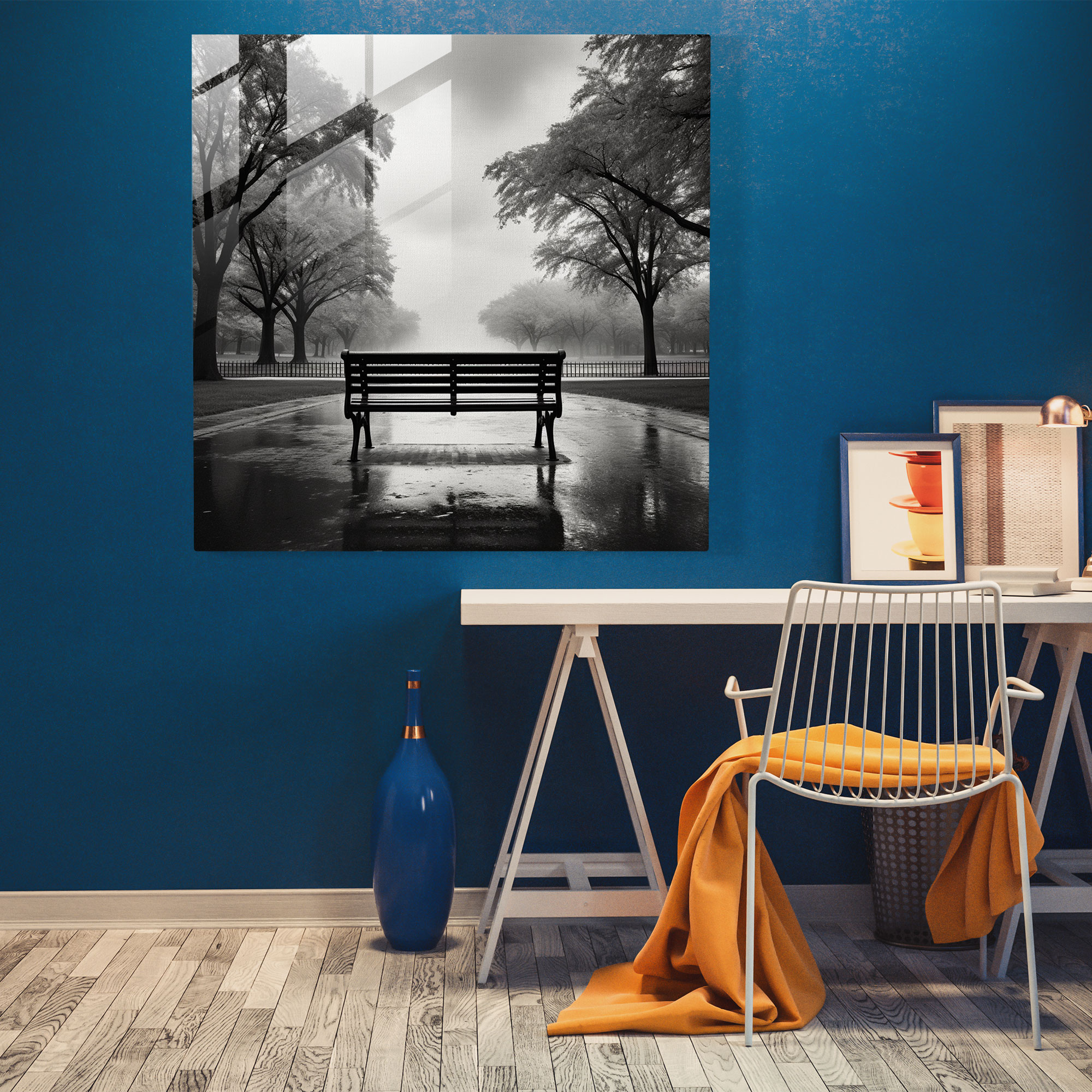 Rejection Reflection: Rainy Park Glass Print - Rejection, Rainy Sky, Nostalgia, Home Decoration