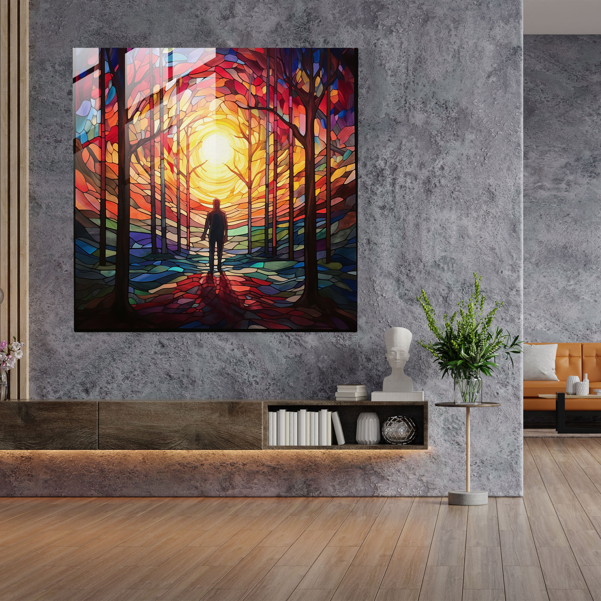 Rejection Glass Print - Vibrant Stained Glass Wall Art - Rejection, Stained Glass, Wall Decoration, Lonely Figure