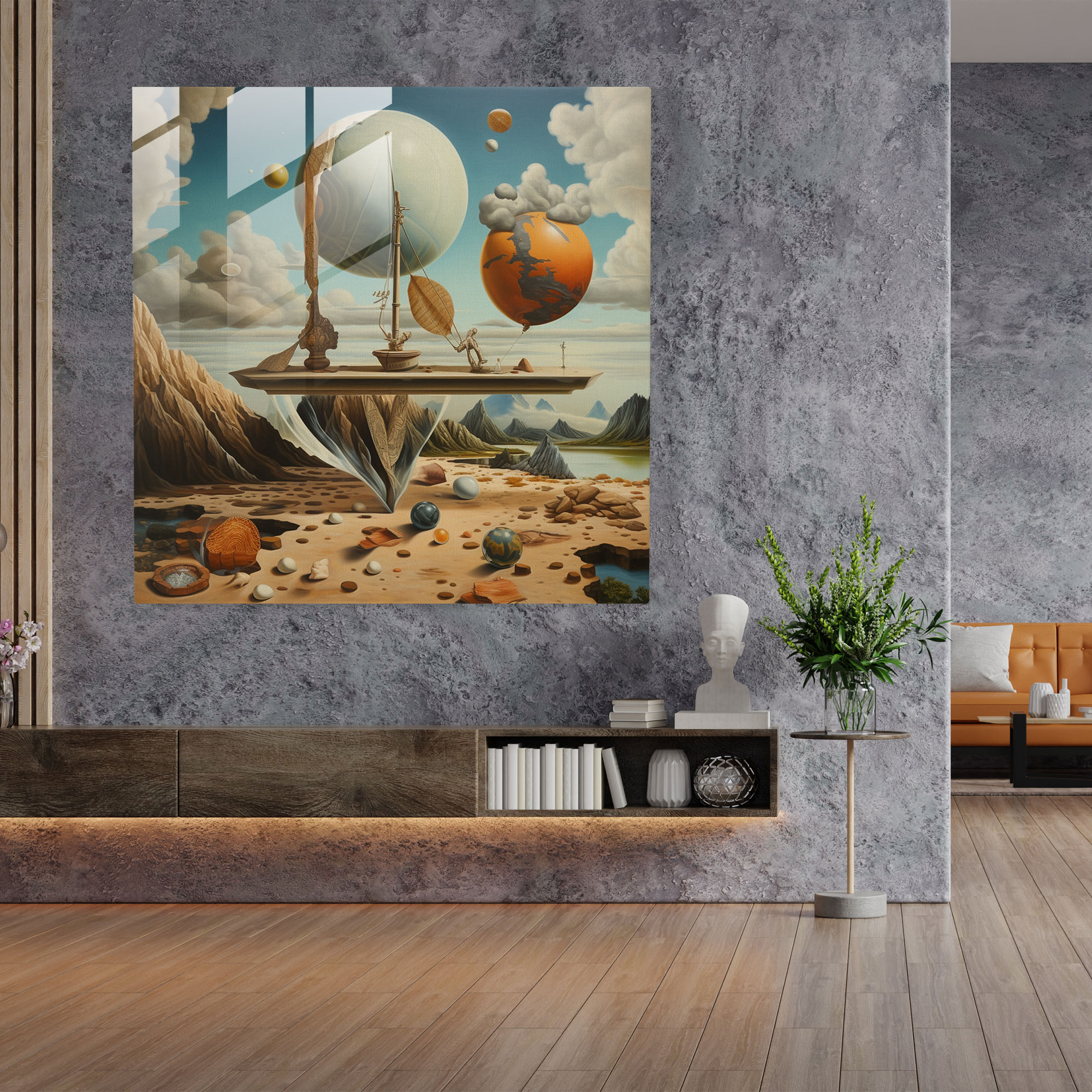 Surreales Glasbild Rolling Stones - Glasbild Wanddekoration Schwebend