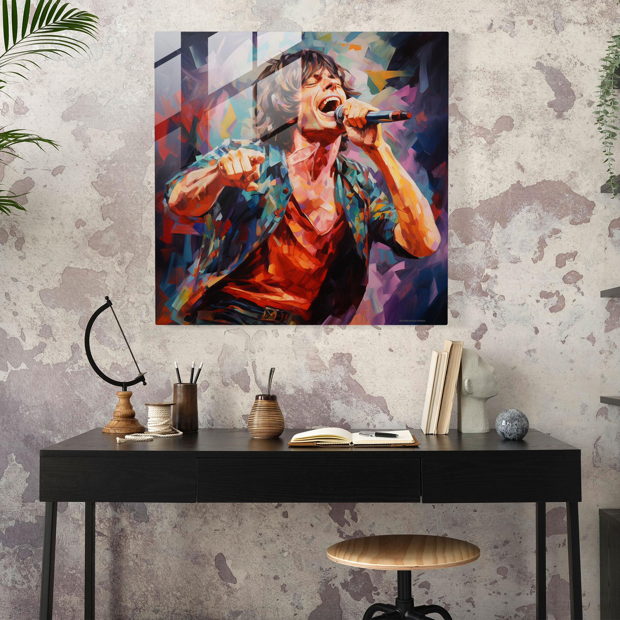 Glasbild Rolling Stones impressionistisches Porträt von Mick Jagger - Rolling Stones moderne Kunst Glaswandkunst