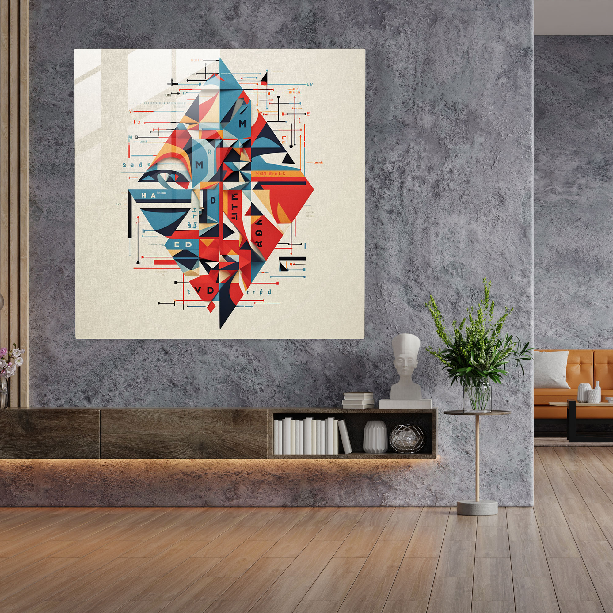 Rolling Stones Glasbild mit geometrischer Typografie und Texten - Wanddekoration moderner Kunststil