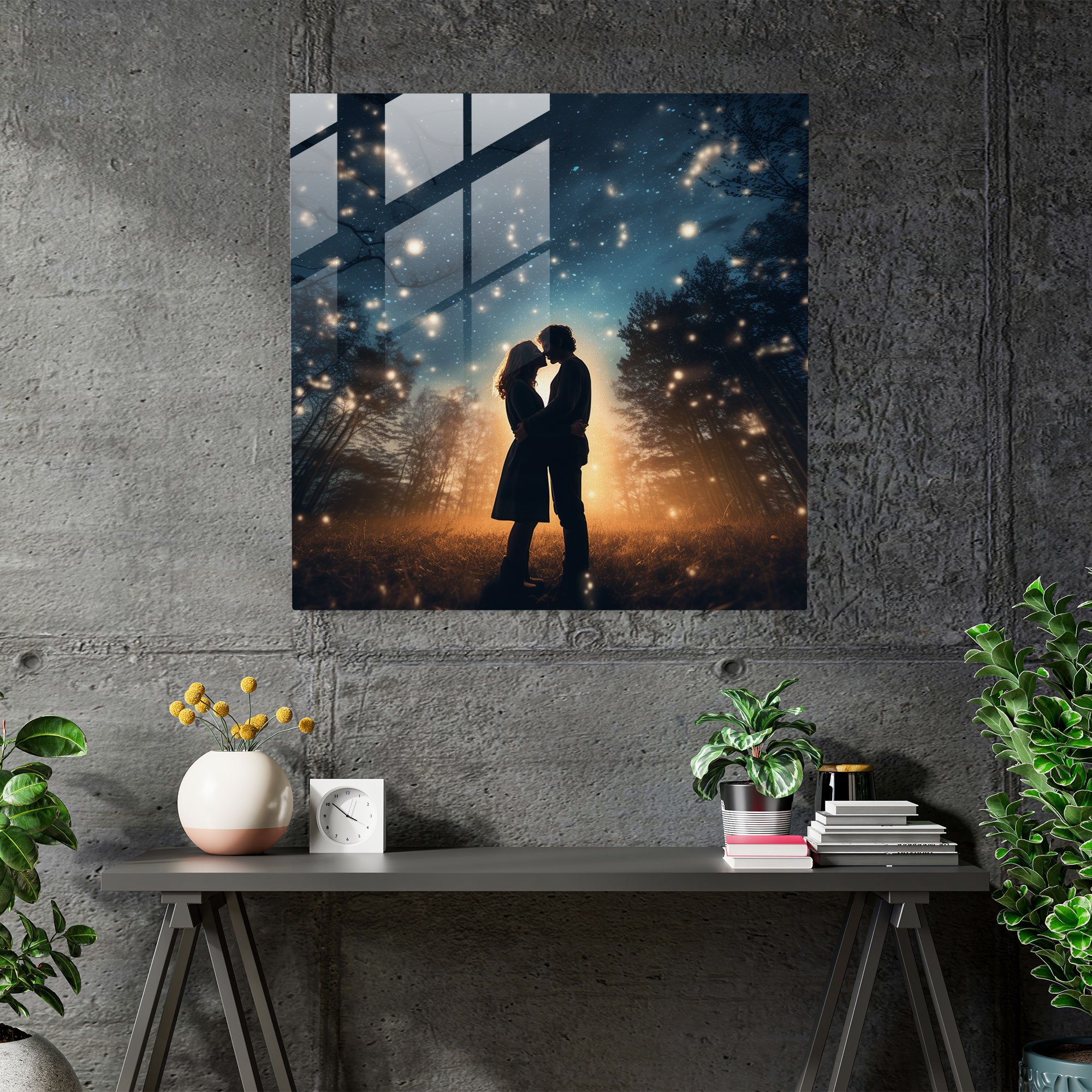 Romantik Yıldızlı Gece Cam Tablo - Romantik Cam Sanatı Ev Dekorasyonu Modern Sanat