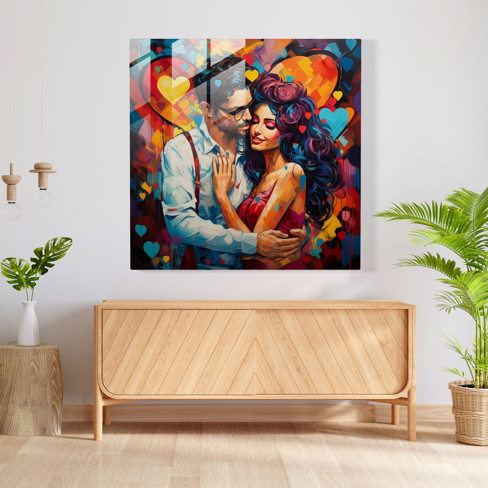 Colorful Hearts Glass Print - Romantic, Expressive Hearts, Glass Wall Art, Portrait Of A Couple