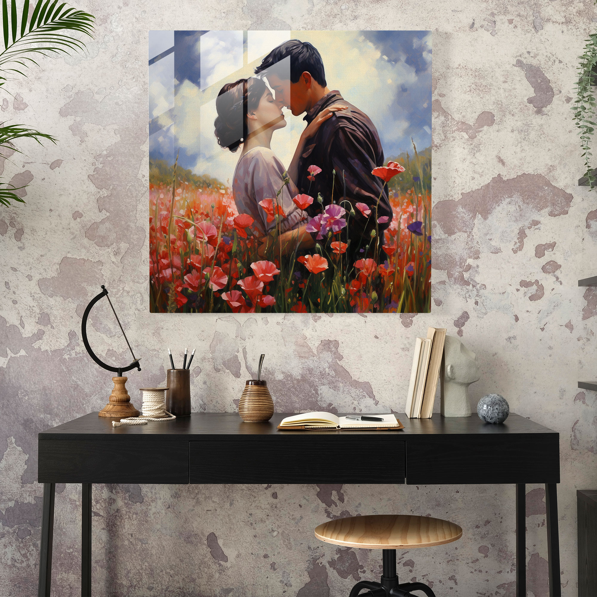 Romantik Yağlı Boya Cam Tablo - Romantik Yakınlık Cam Sanat Klasik Yağlı Boya