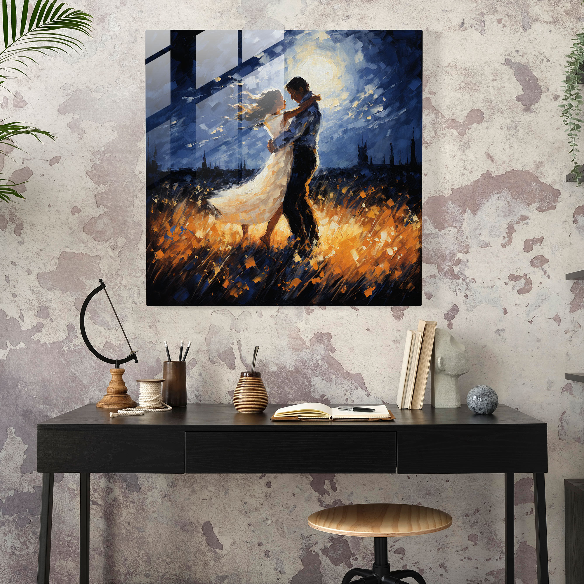 Romantik Ay Işığında Dans Cam Tablo - Modern Sanat Ay Işığında Romantik