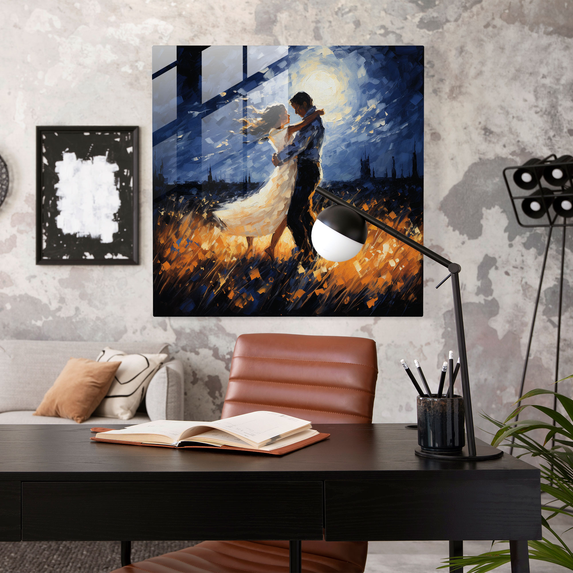 Romantik Ay Işığında Dans Cam Tablo - Modern Sanat Ay Işığında Romantik