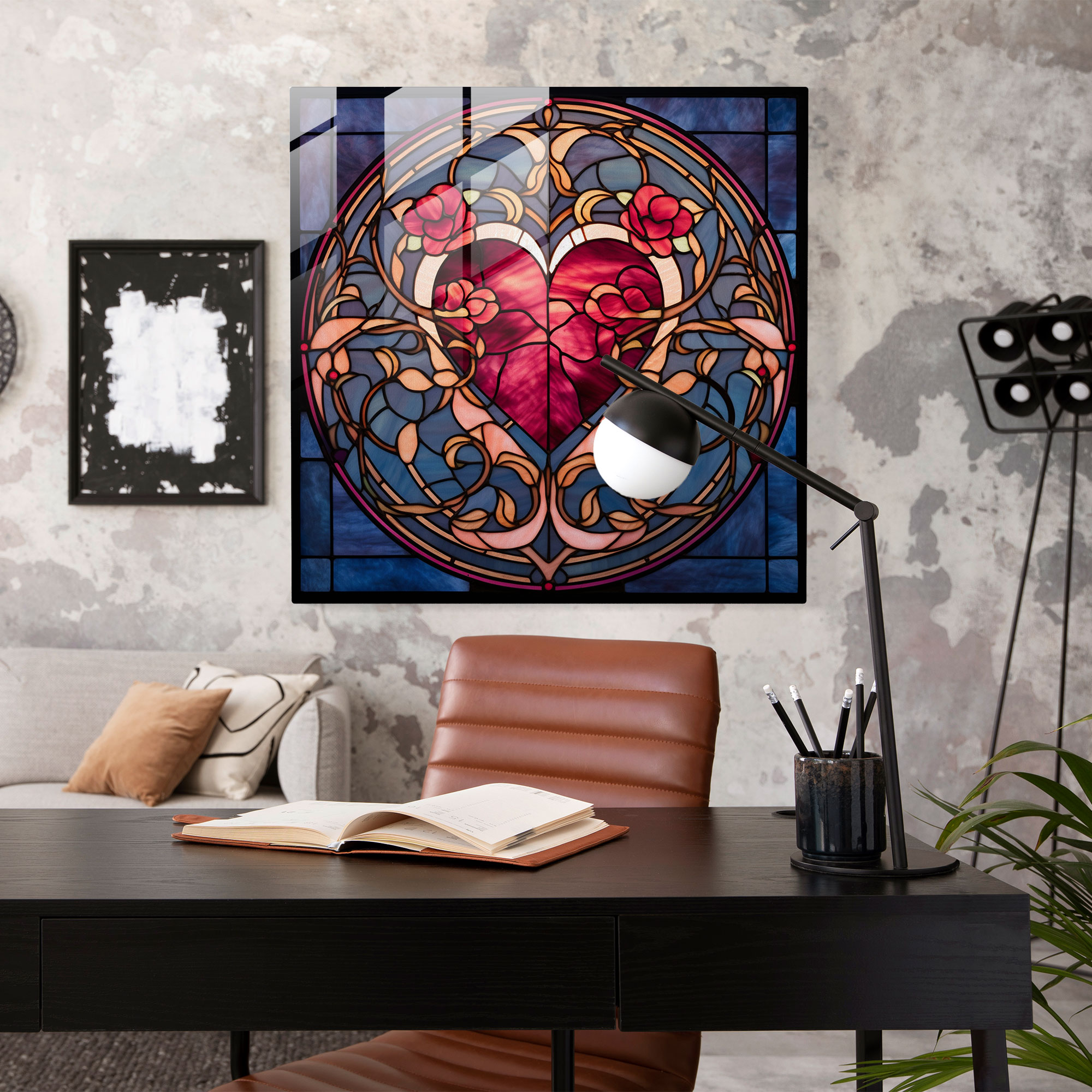 Romantik Vitray Baskı - Cam Duvar Sanatı Cam Tablo