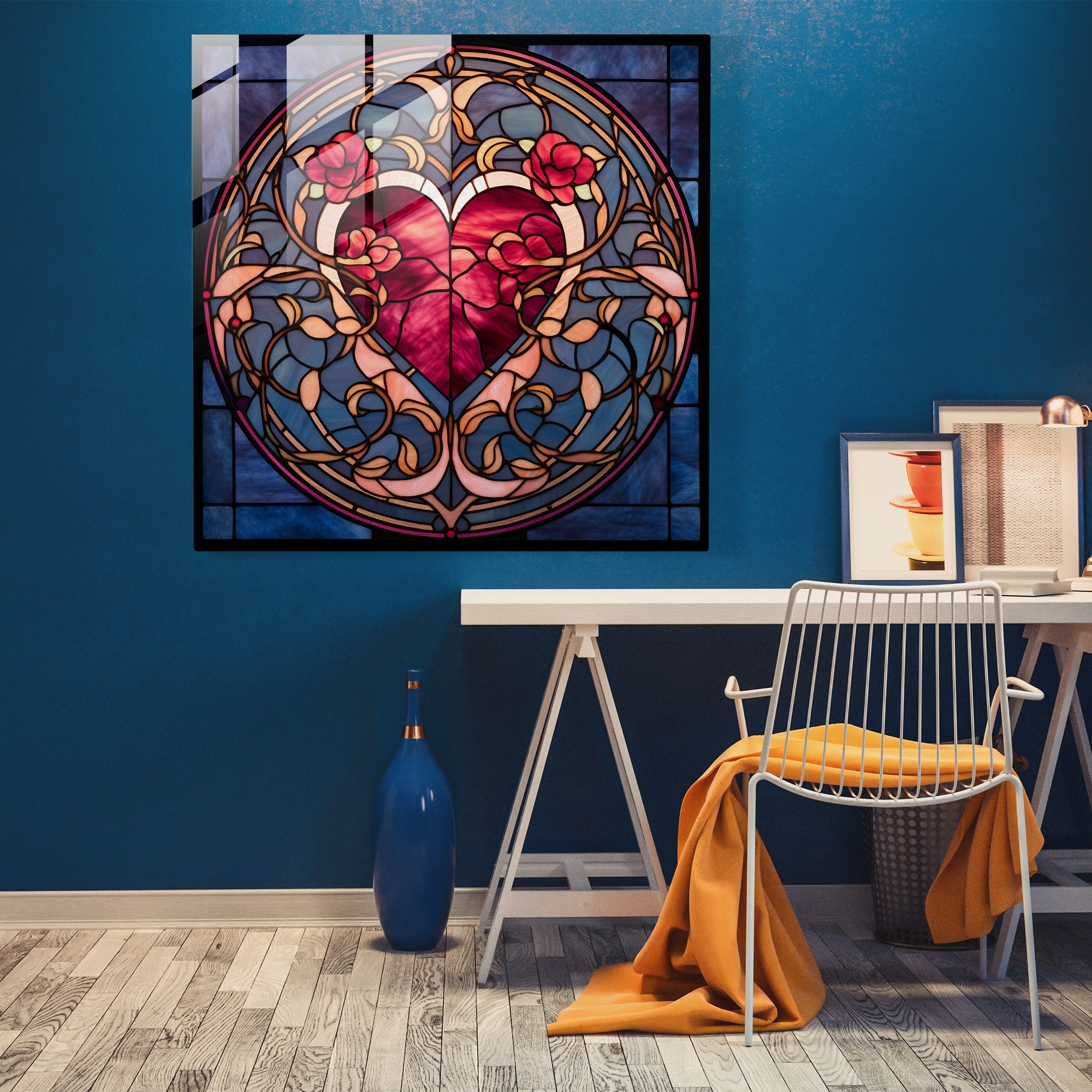 Romantik Vitray Baskı - Cam Duvar Sanatı Cam Tablo