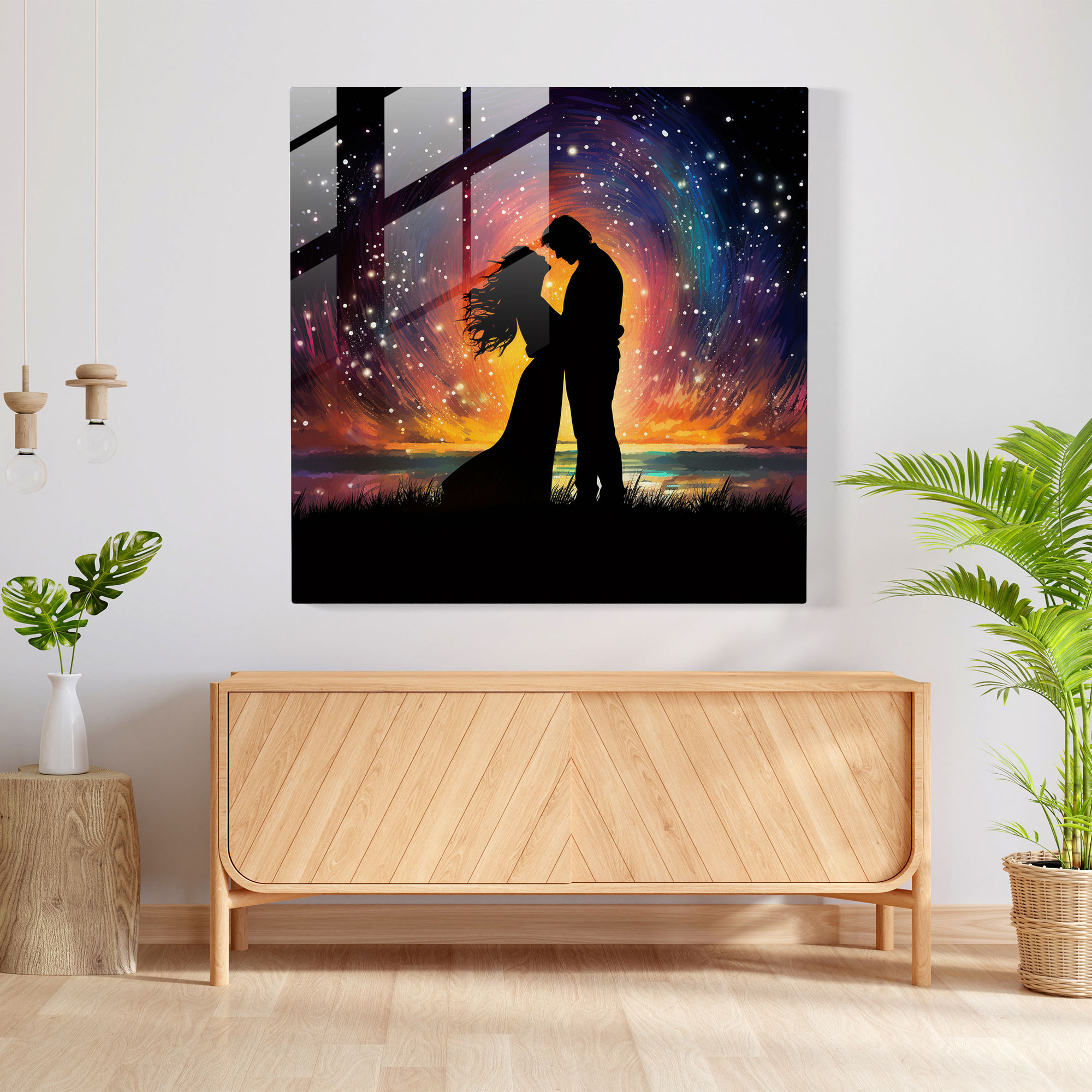 Romantik Yıldızlı Gece Cam Tablo - Modern Sanat Aşk