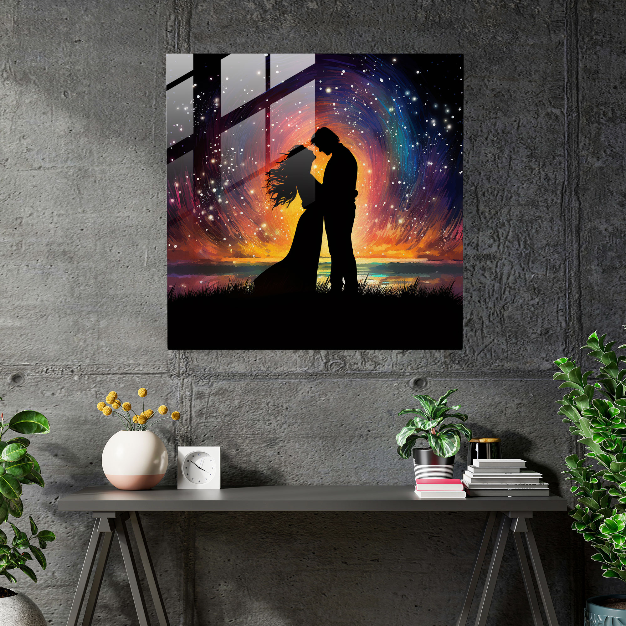 Romantik Yıldızlı Gece Cam Tablo - Modern Sanat Aşk