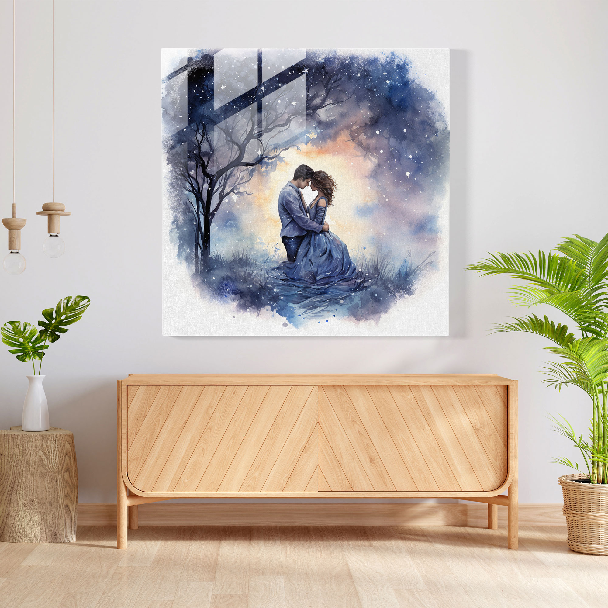 Romantik Yıldızlı Gece Cam Tablo - Romantik Modern Sanat Cam Tablo Duvar Dekorasyonu