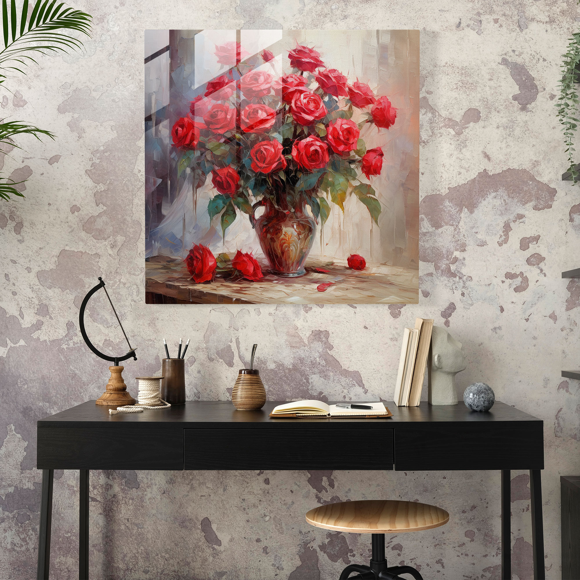 Romantik Gül Desenli Cam Tablo - Romantik İzlenimci Yağlı Boya Tablo Kırmızı Güller Duvar Dekorasyonu