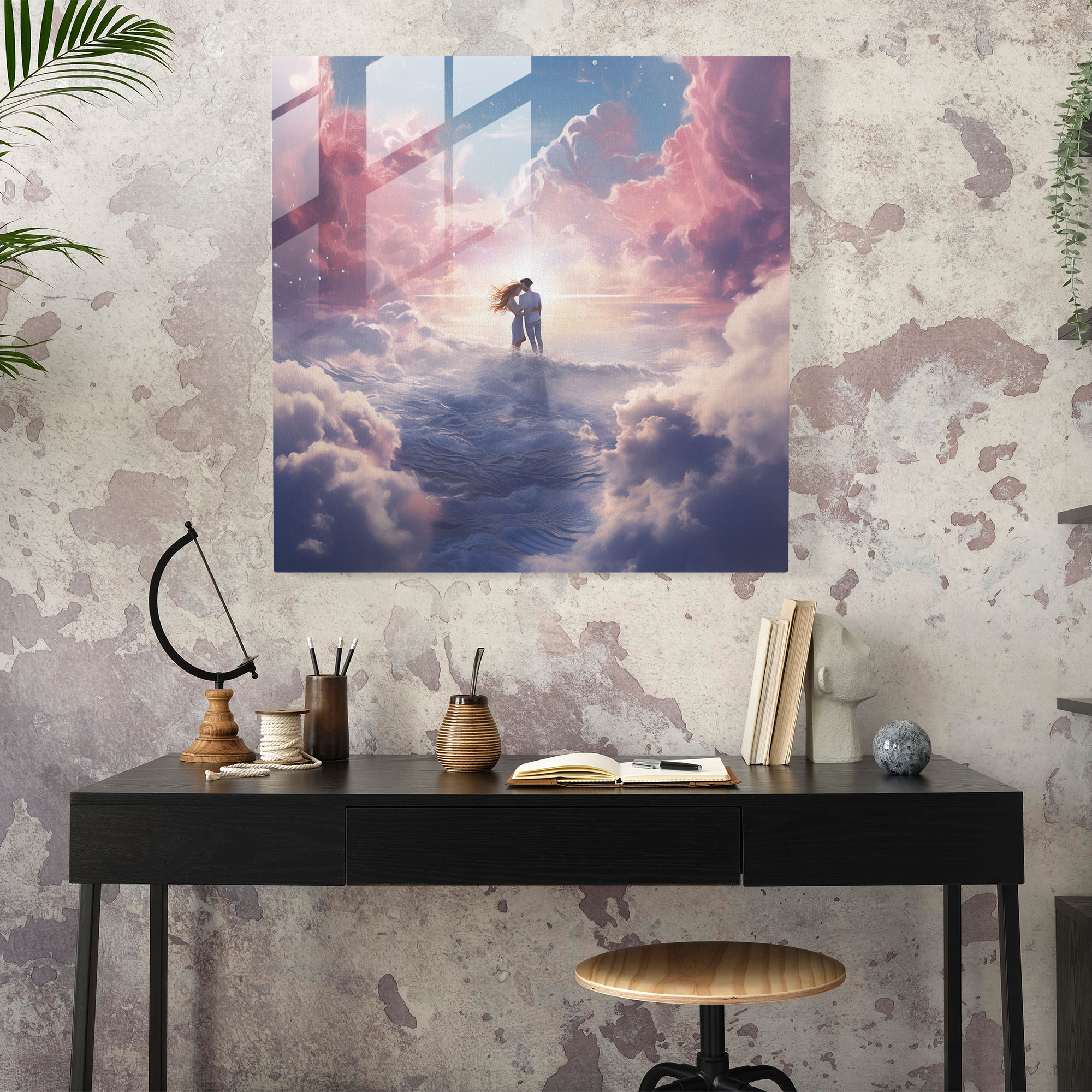 Romantik Bulut Manzaralı Cam Tablo - Romantik Cam Tablo Gerçeküstü Dijital Resim Sonsuz Aşk