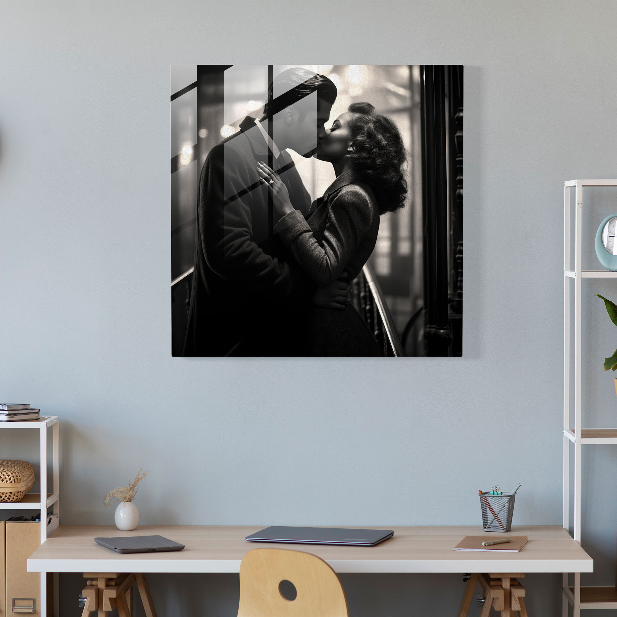 Romantic Eternal Kiss Glass Print - Romantic, Black And White Photograph, Glass Print, Wall Decoration