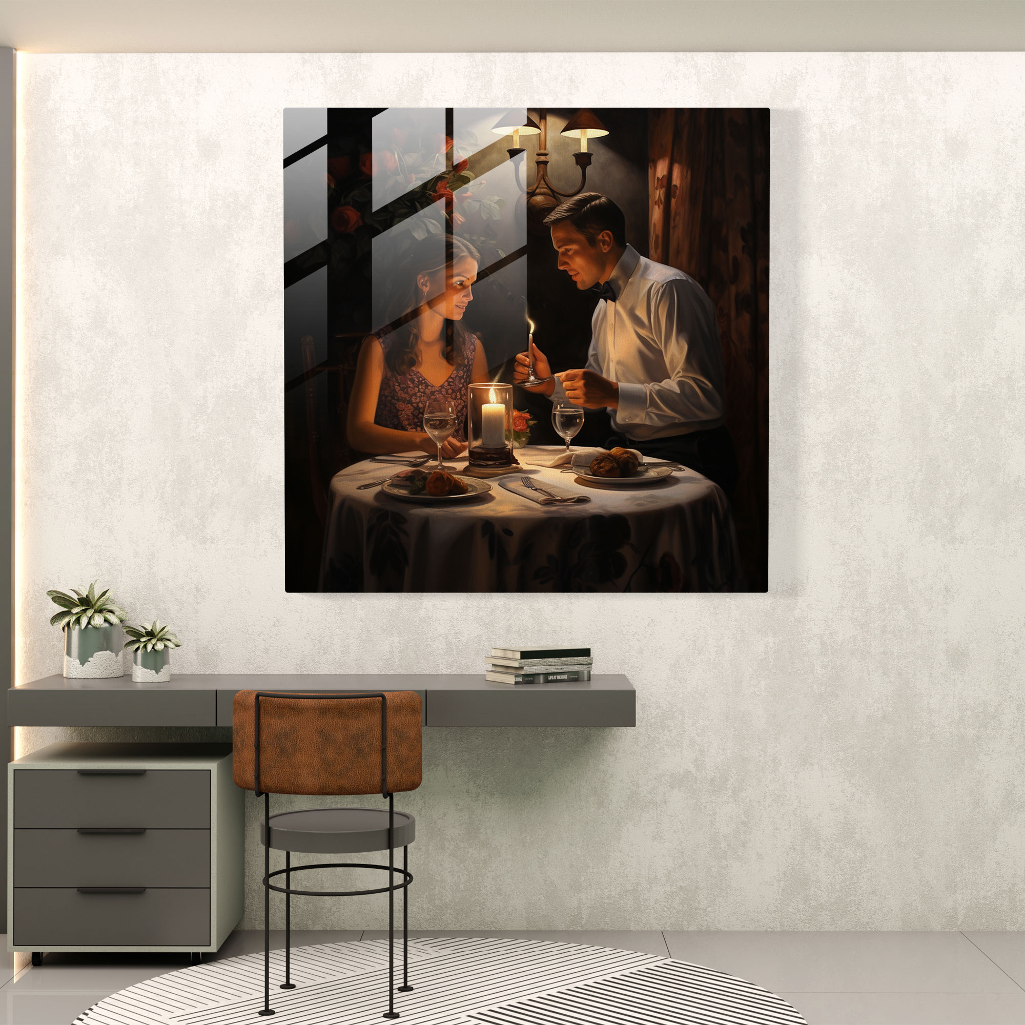 Romantic Candlelit Dinner Glass Print - Romantic, Realistic Oil Painting, Intimacy, Candlelit Dinner