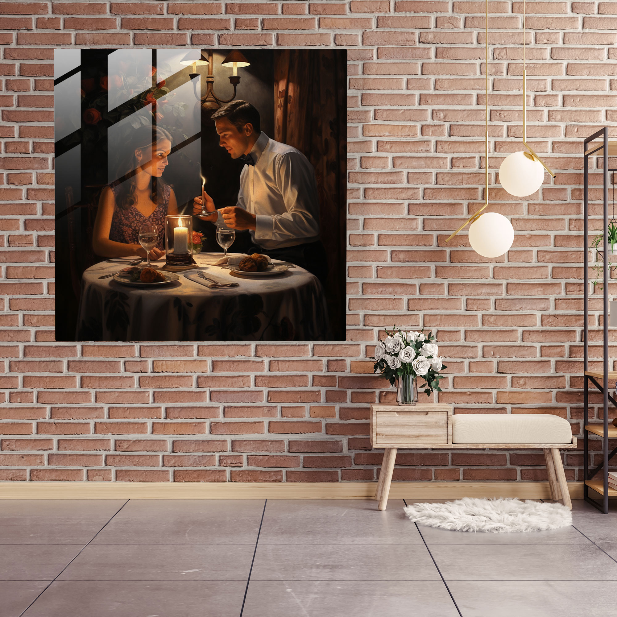 Romantic Candlelit Dinner Glass Print - Romantic, Realistic Oil Painting, Intimacy, Candlelit Dinner