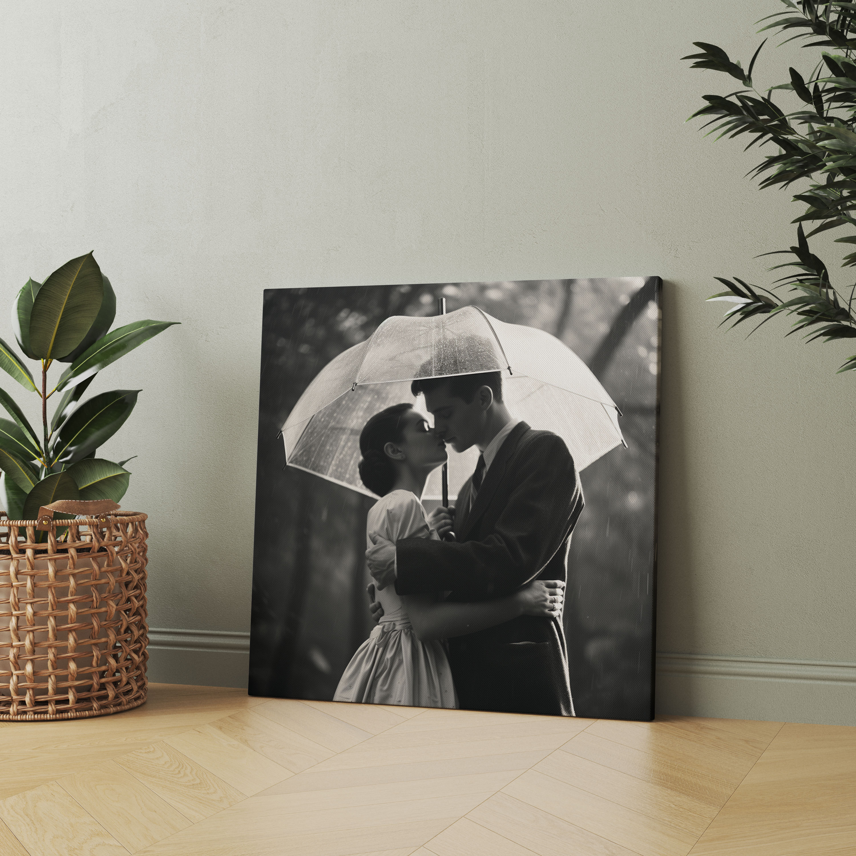 Vintage Love Under Umbrella Canvas Print - Romantic, Wall Art, Photograph, Canvas Wall Art