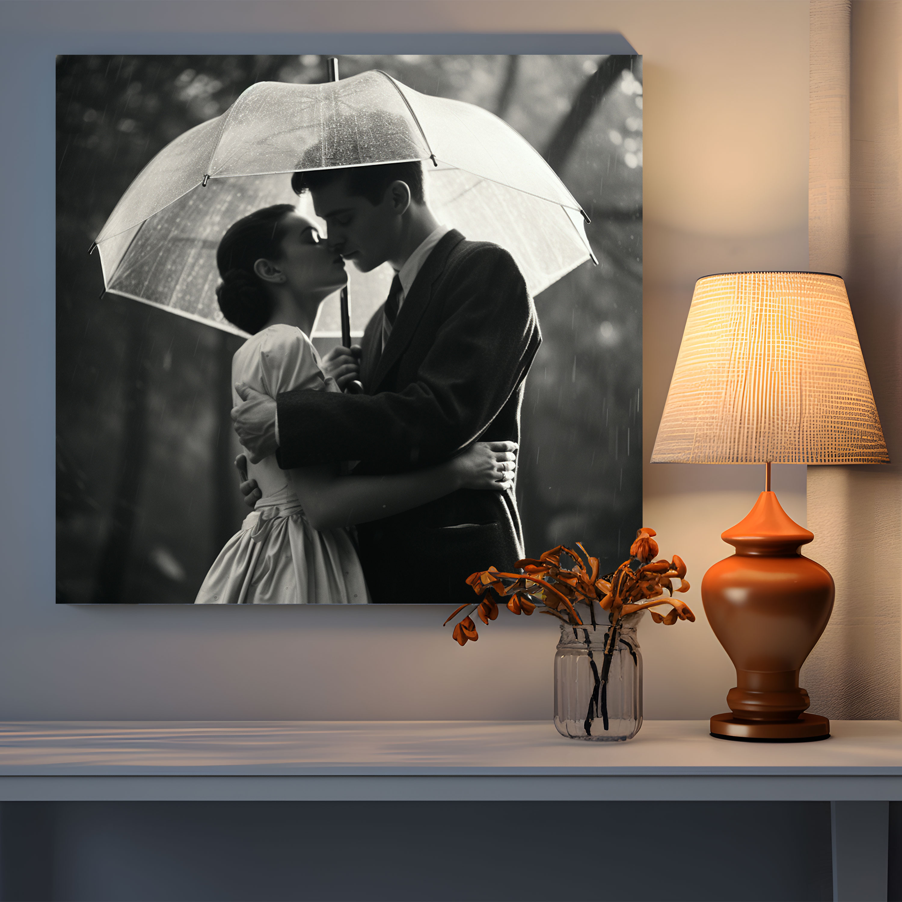 Vintage Love Under Umbrella Canvas Print - Romantic, Wall Art, Photograph, Canvas Wall Art